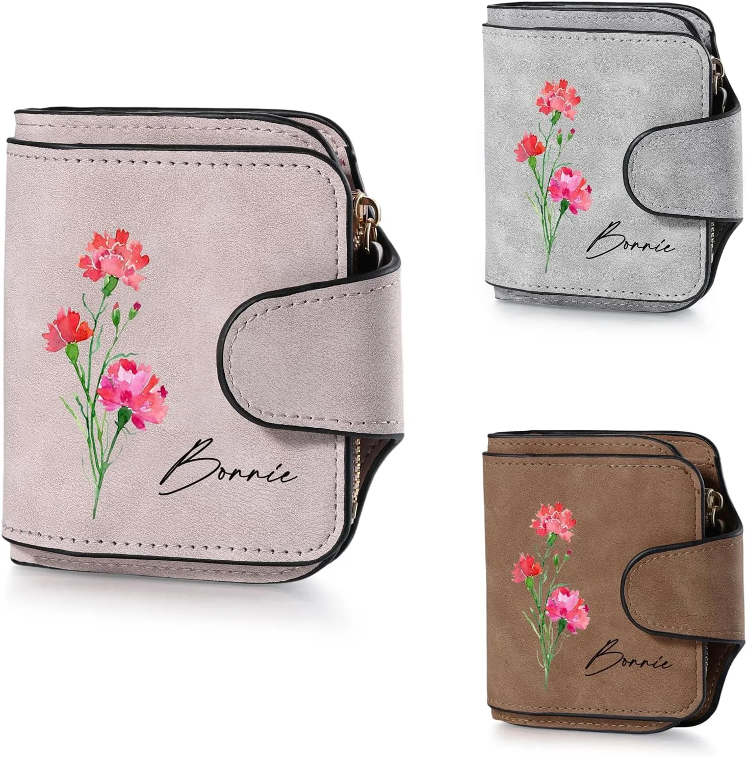 Personalized Photo Wallet for Women, Custom Birth Flower & Name Detachable Leather Wristlet, Stylish Card Holder Purse with Zipper Large Capacity Wallet Mother's Day Gifts for Mom