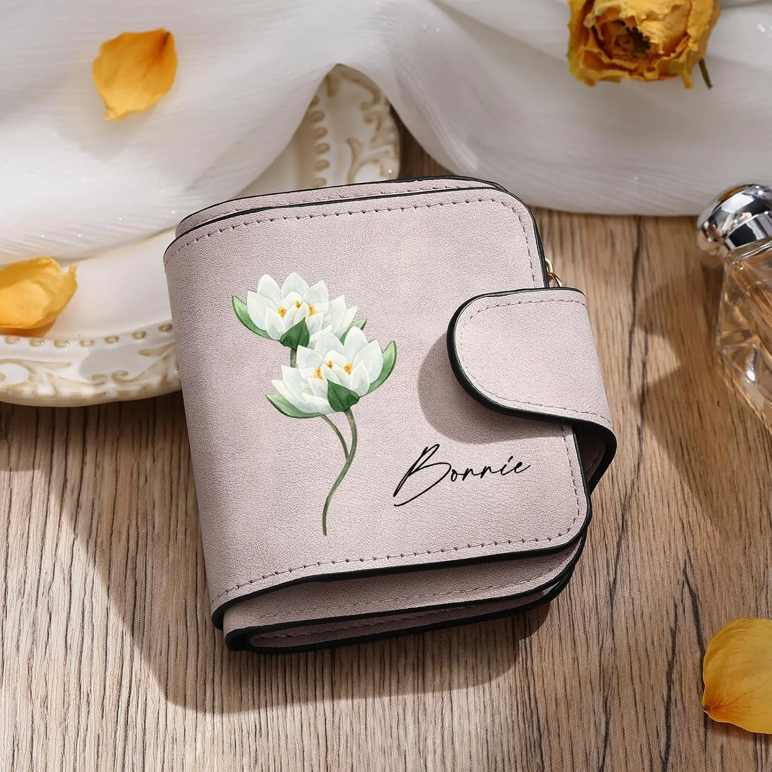 Personalized Photo Wallet for Women, Custom Birth Flower & Name Detachable Leather Wristlet, Stylish Card Holder Purse with Zipper Large Capacity Wallet Mother's Day Gifts for Mom