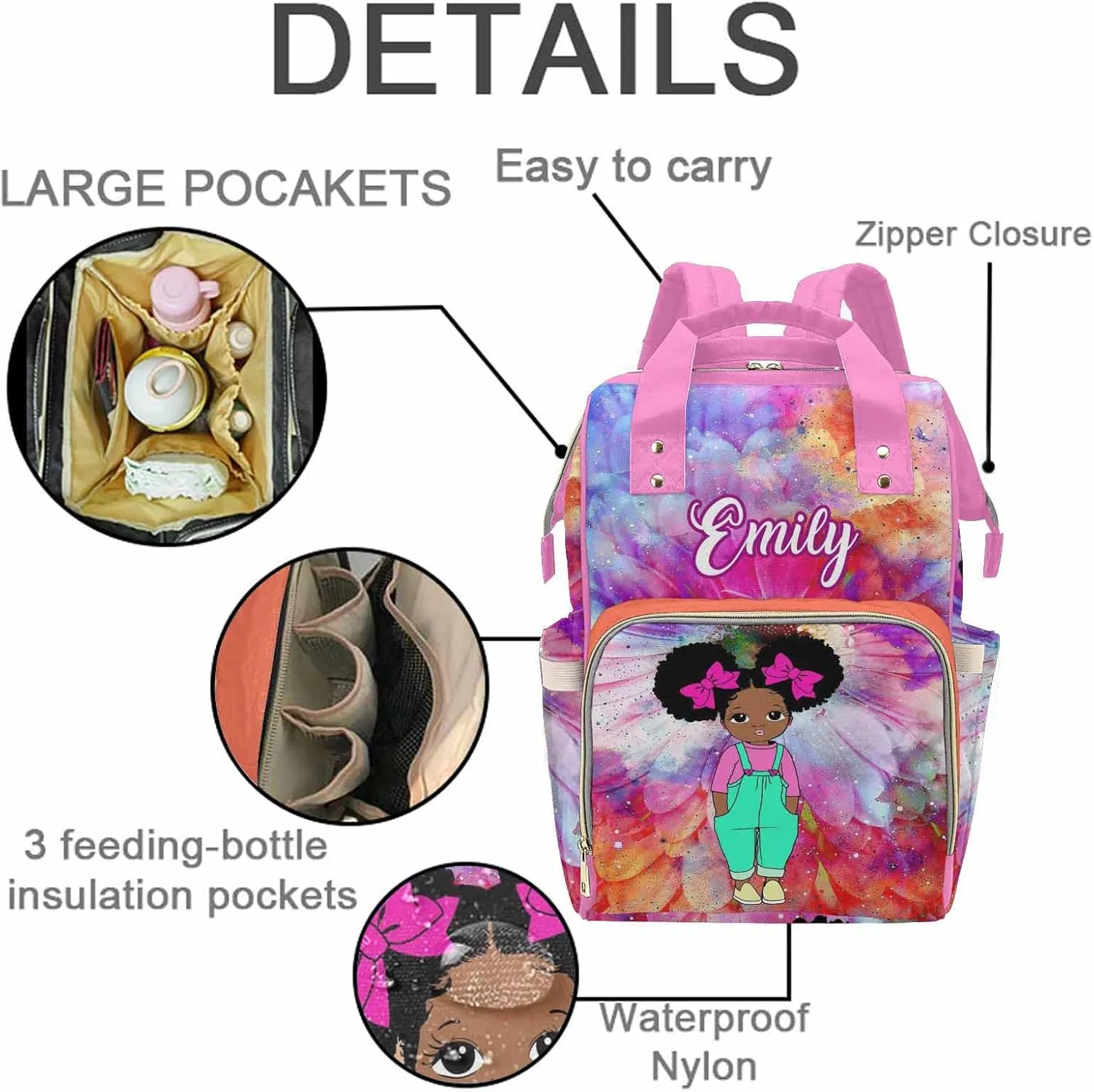Personalized Rainbow Color Diaper Bag with African Cute Princess for Women, Custom Name Multifunction Mommy Nursing Daypack Tie Dye Travel Backpack with Large Capacity Birthday Gift for Women/Men