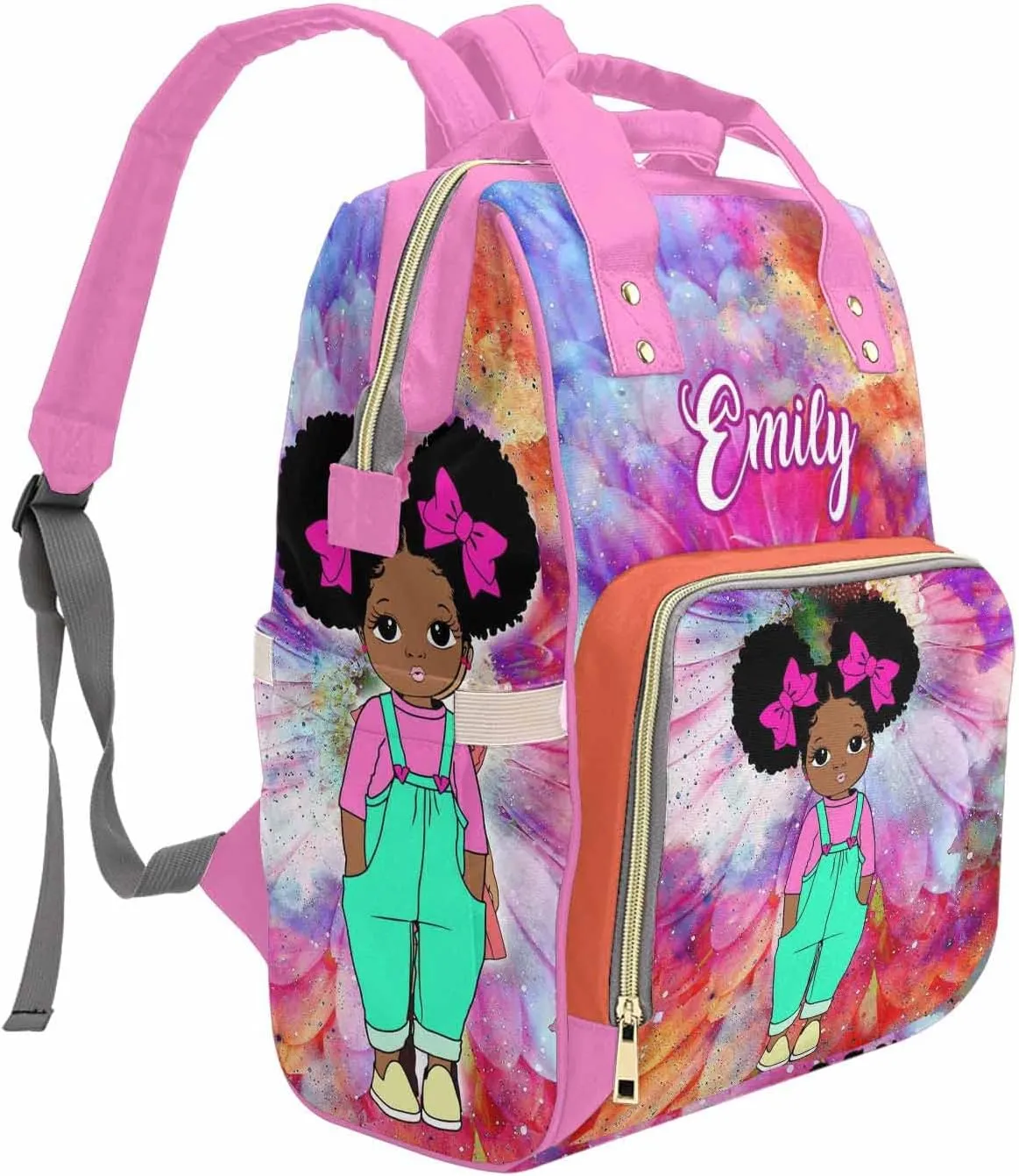 Personalized Rainbow Color Diaper Bag with African Cute Princess for Women, Custom Name Multifunction Mommy Nursing Daypack Tie Dye Travel Backpack with Large Capacity Birthday Gift for Women/Men