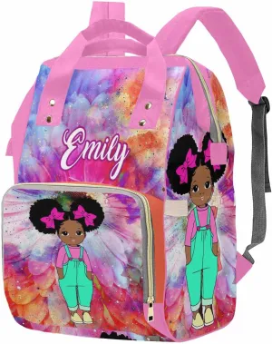 Personalized Rainbow Color Diaper Bag with African Cute Princess for Women, Custom Name Multifunction Mommy Nursing Daypack Tie Dye Travel Backpack with Large Capacity Birthday Gift for Women/Men