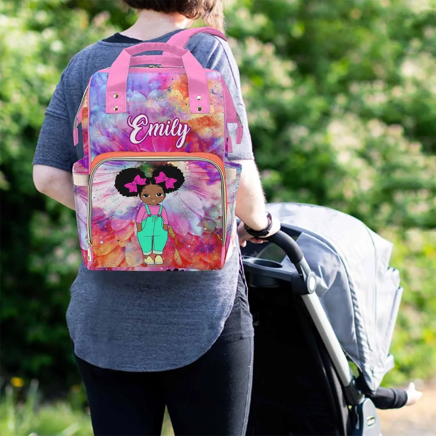 Personalized Rainbow Color Diaper Bag with African Cute Princess for Women, Custom Name Multifunction Mommy Nursing Daypack Tie Dye Travel Backpack with Large Capacity Birthday Gift for Women/Men