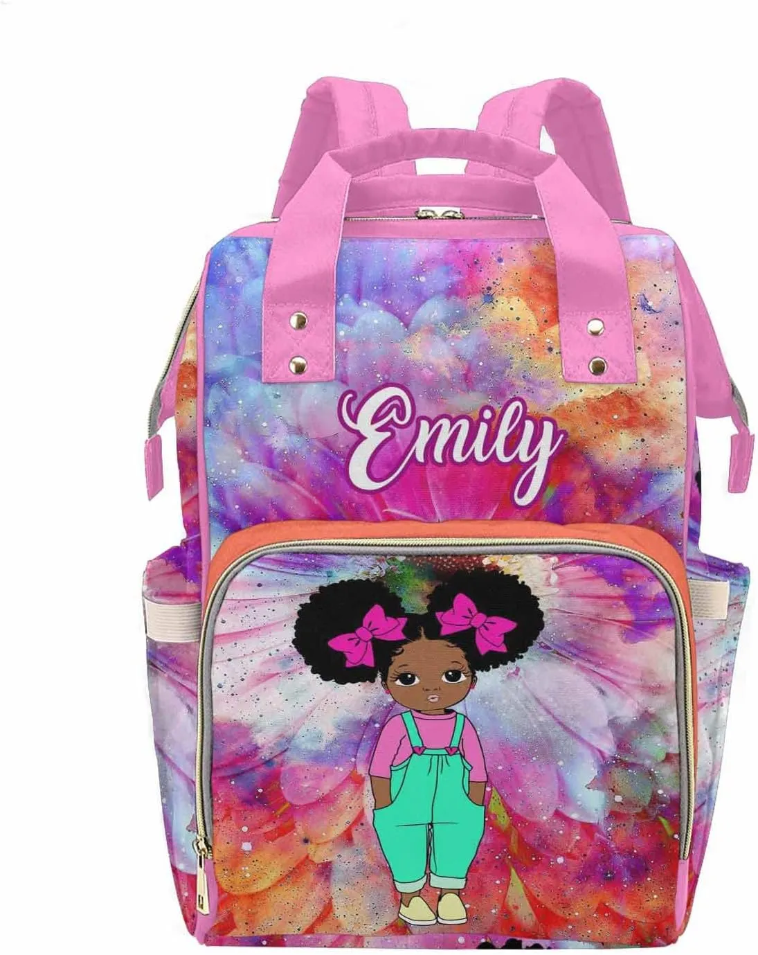 Personalized Rainbow Color Diaper Bag with African Cute Princess for Women, Custom Name Multifunction Mommy Nursing Daypack Tie Dye Travel Backpack with Large Capacity Birthday Gift for Women/Men