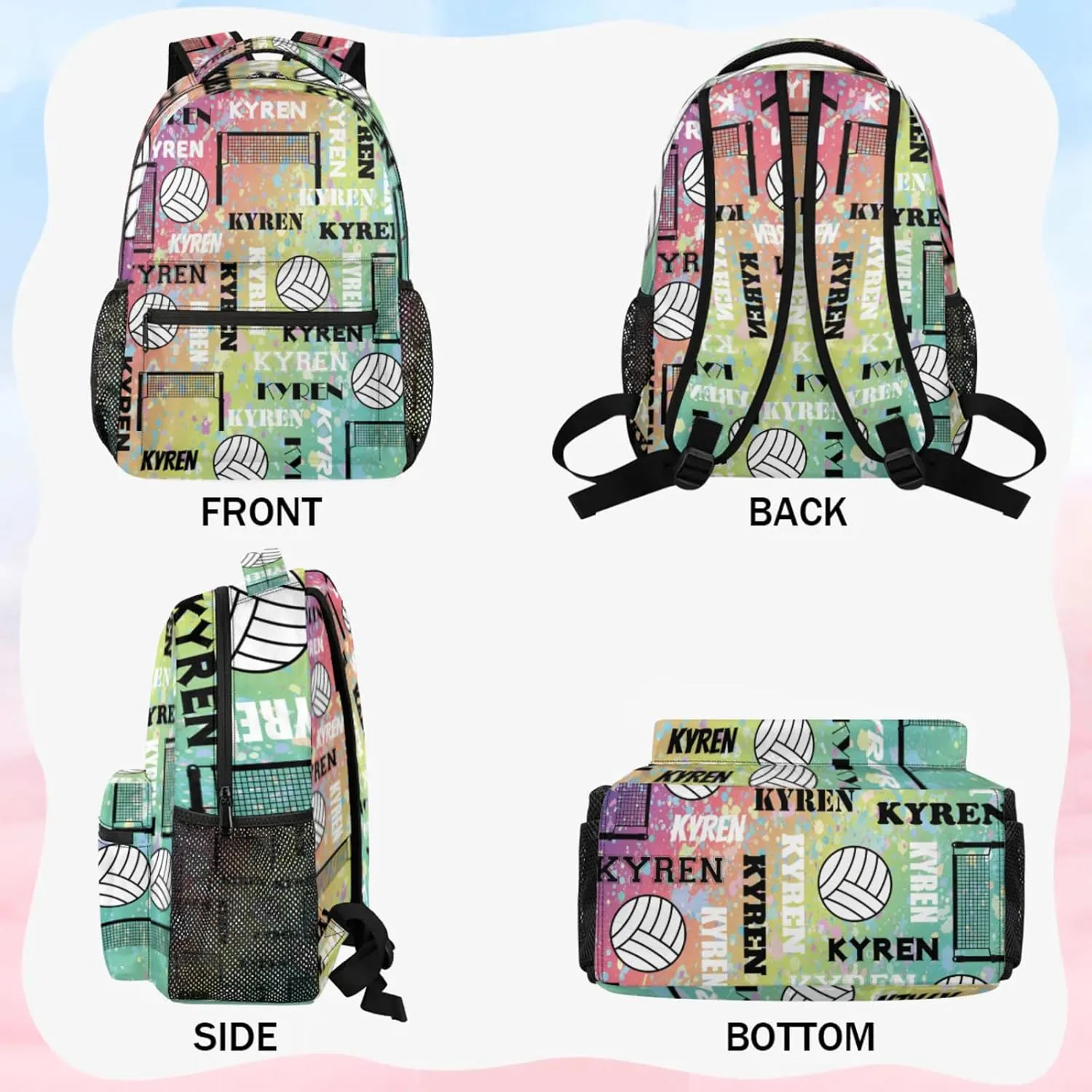Personalized Volleyball Backpack for Men Women, Custom Name Laptop Backpack, Customized Sports Bag Daypack for Travel Camping, Blue Yellow