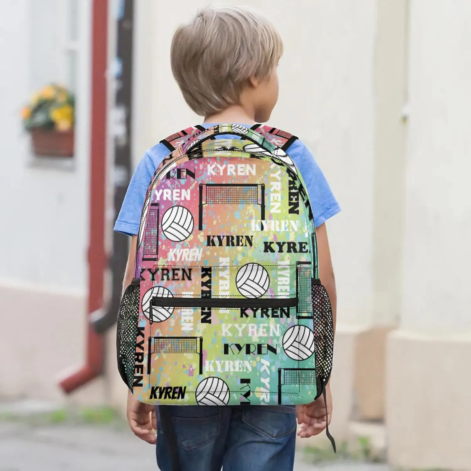 Personalized Volleyball Backpack for Men Women, Custom Name Laptop Backpack, Customized Sports Bag Daypack for Travel Camping, Blue Yellow