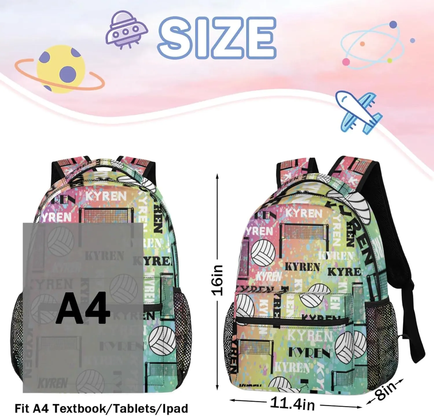 Personalized Volleyball Backpack for Men Women, Custom Name Laptop Backpack, Customized Sports Bag Daypack for Travel Camping, Blue Yellow
