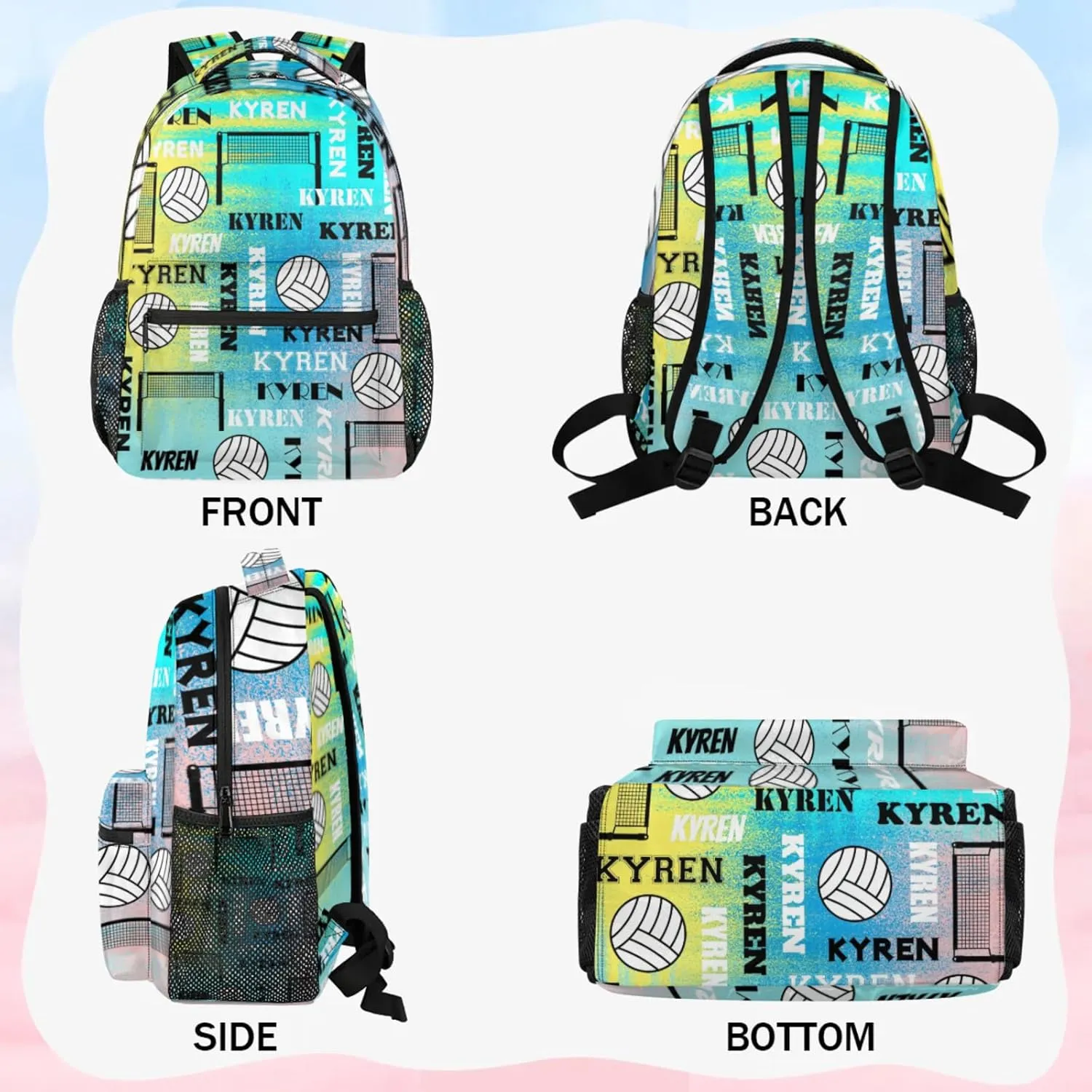 Personalized Volleyball Backpack for Men Women, Custom Name Laptop Backpack, Sports Bag Daypack for Travel Camping, Blue Yellow Pinks