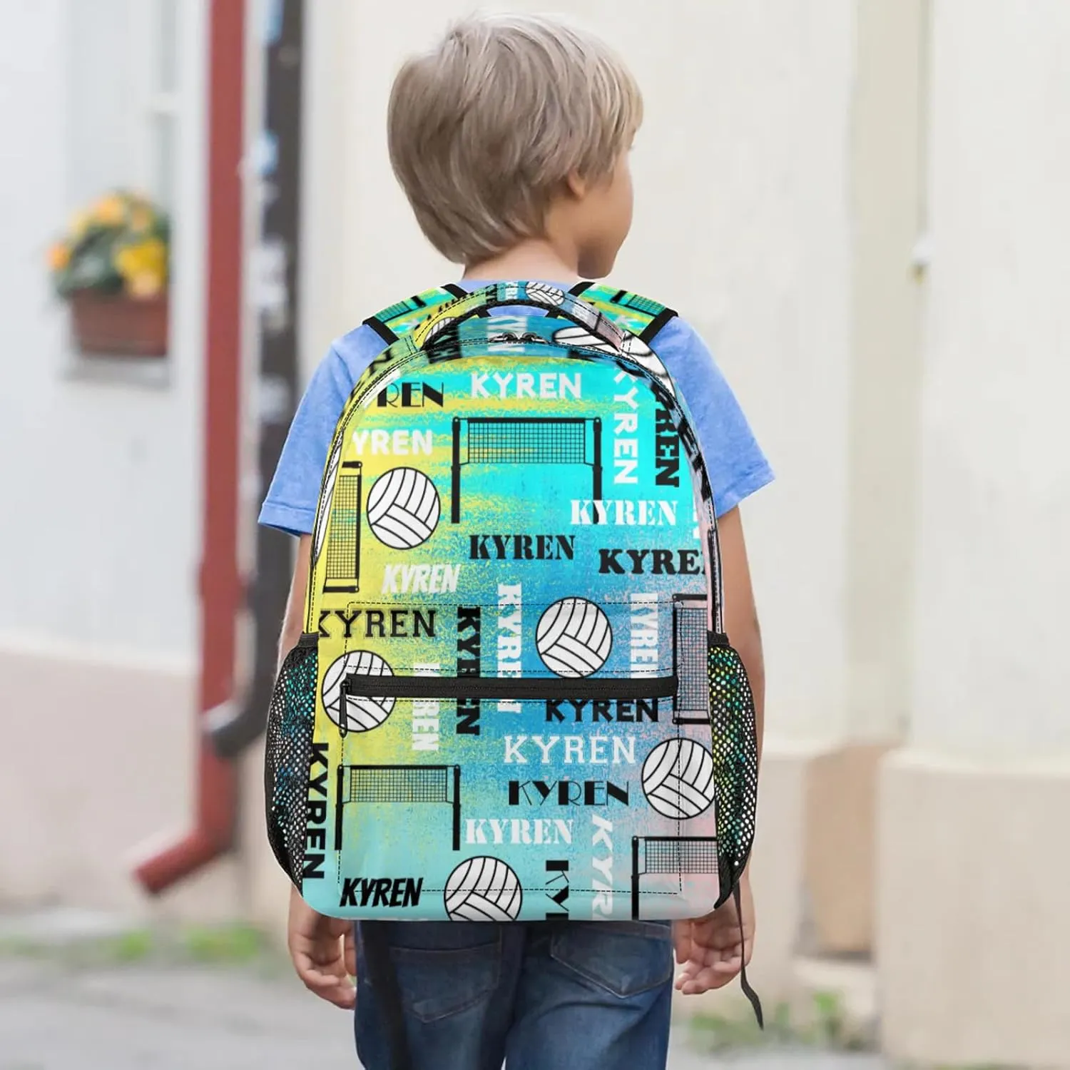 Personalized Volleyball Backpack for Men Women, Custom Name Laptop Backpack, Sports Bag Daypack for Travel Camping, Blue Yellow Pinks