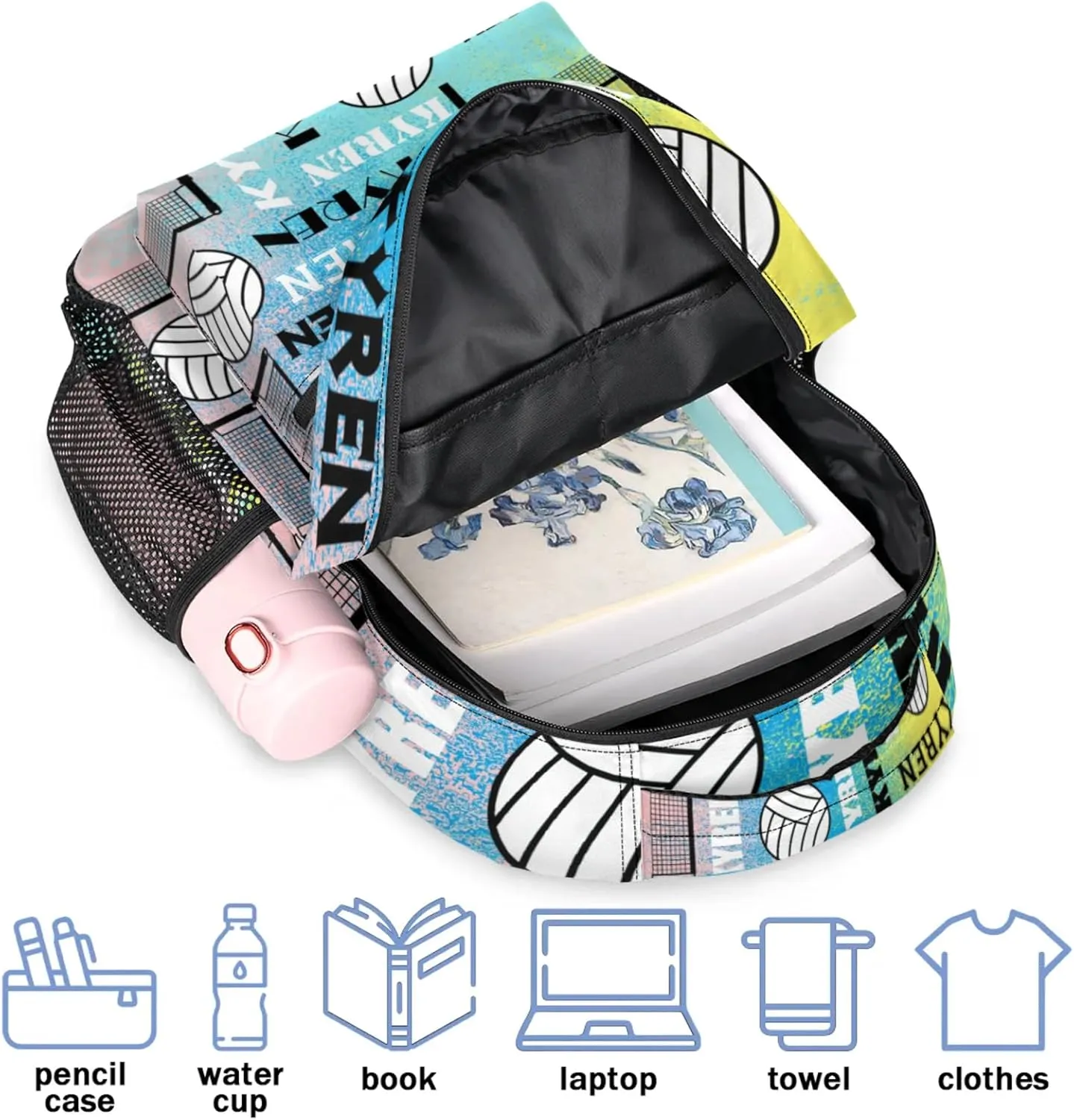 Personalized Volleyball Backpack for Men Women, Custom Name Laptop Backpack, Sports Bag Daypack for Travel Camping, Blue Yellow Pinks
