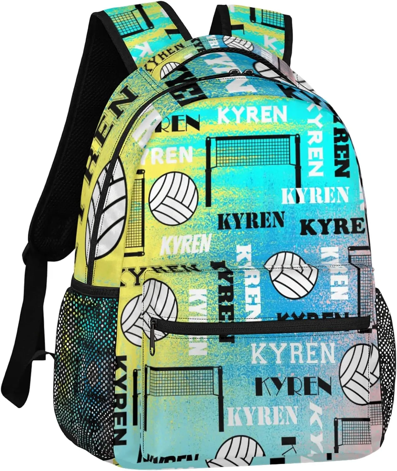 Personalized Volleyball Backpack for Men Women, Custom Name Laptop Backpack, Sports Bag Daypack for Travel Camping, Blue Yellow Pinks