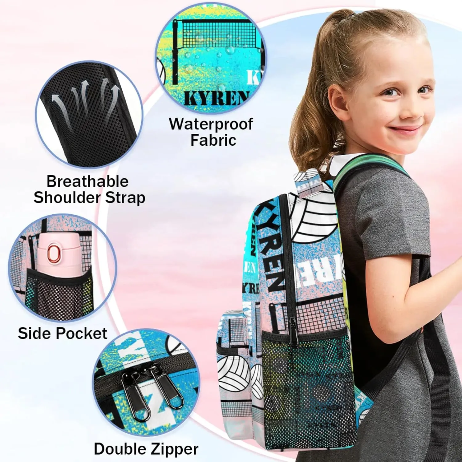 Personalized Volleyball Backpack for Men Women, Custom Name Laptop Backpack, Sports Bag Daypack for Travel Camping, Blue Yellow Pinks