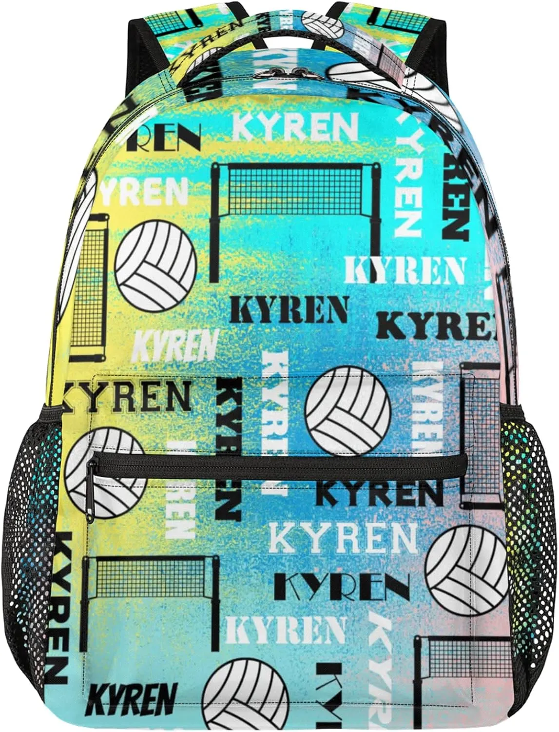 Personalized Volleyball Backpack for Men Women, Custom Name Laptop Backpack, Sports Bag Daypack for Travel Camping, Blue Yellow Pinks