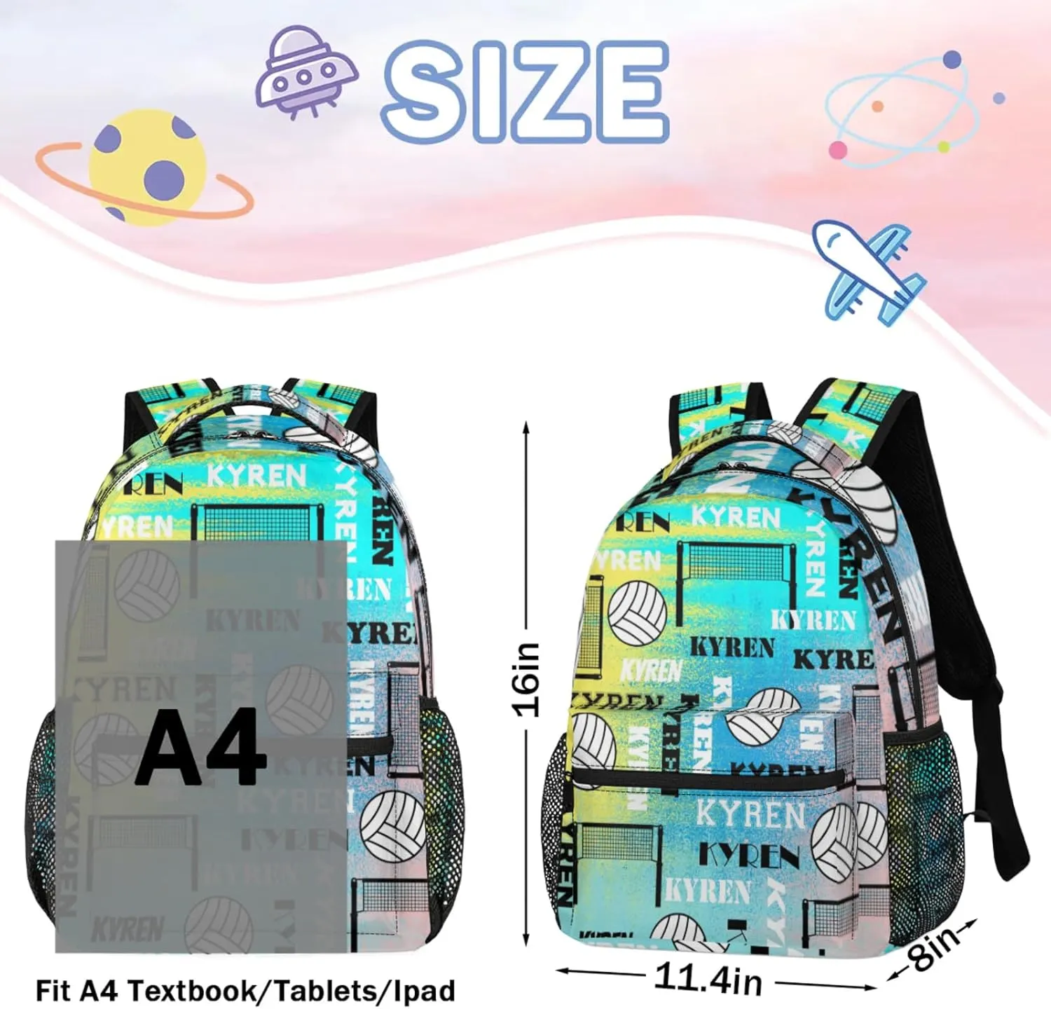 Personalized Volleyball Backpack for Men Women, Custom Name Laptop Backpack, Sports Bag Daypack for Travel Camping, Blue Yellow Pinks
