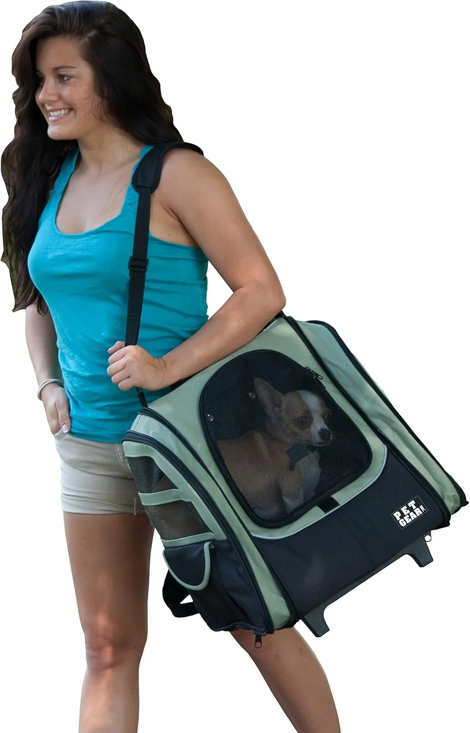 Pet Gear I-GO2 Traveler Roller Backpack, Travel Carrier, Car Seat for Cats/Dogs, Mesh Ventilation, Included Tether, Telescoping Handle, Storage Pouch, Willow