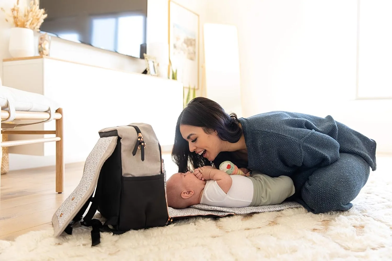 Petunia Pickle Bottom Boxy Backpack, Diaper Bag, Stylish Baby Bag, Spacious Backpack, On-The-Go Moms, Sand/Black