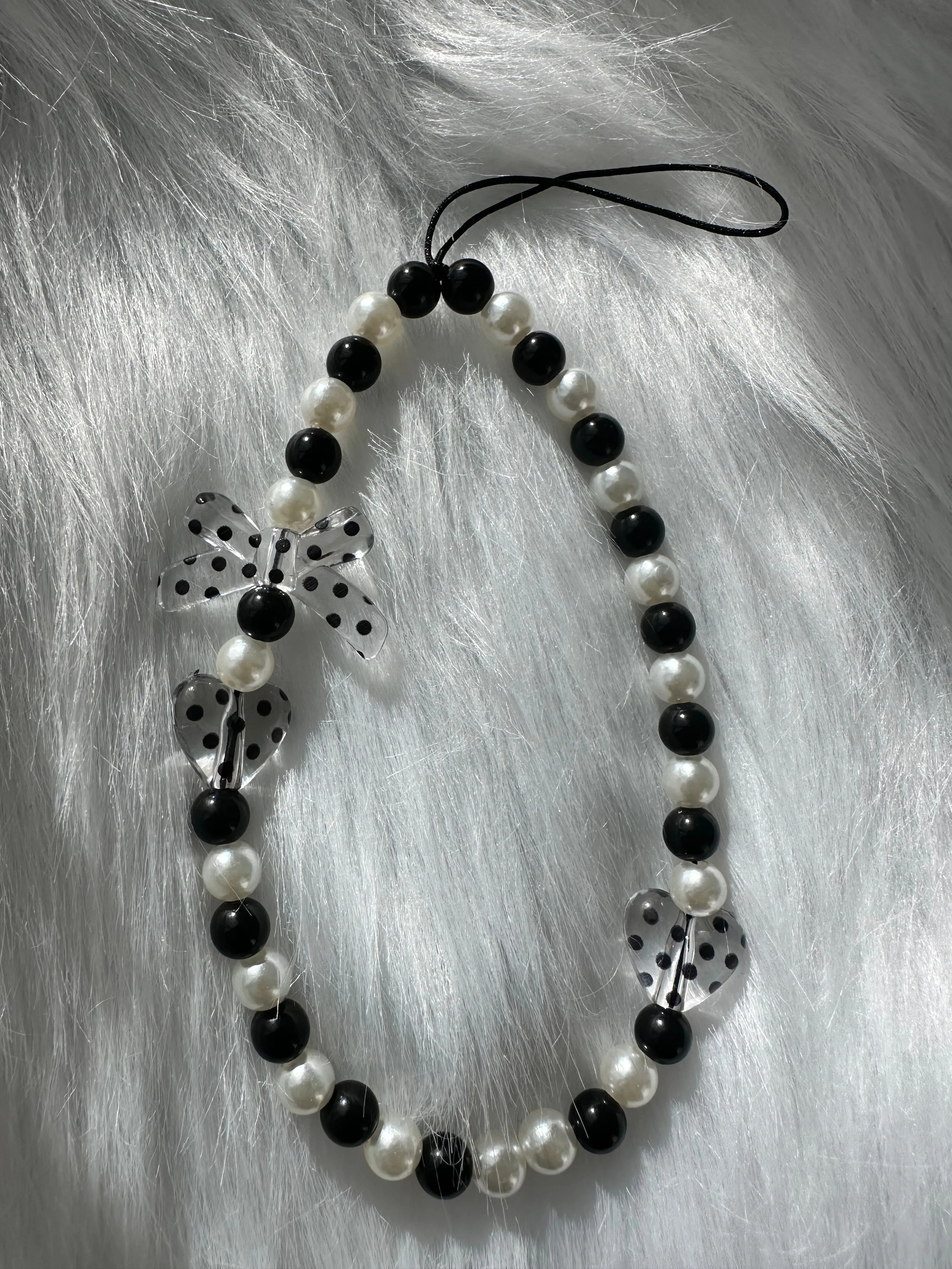 Phone Chain-Black Polka Dot Bows and Hearts