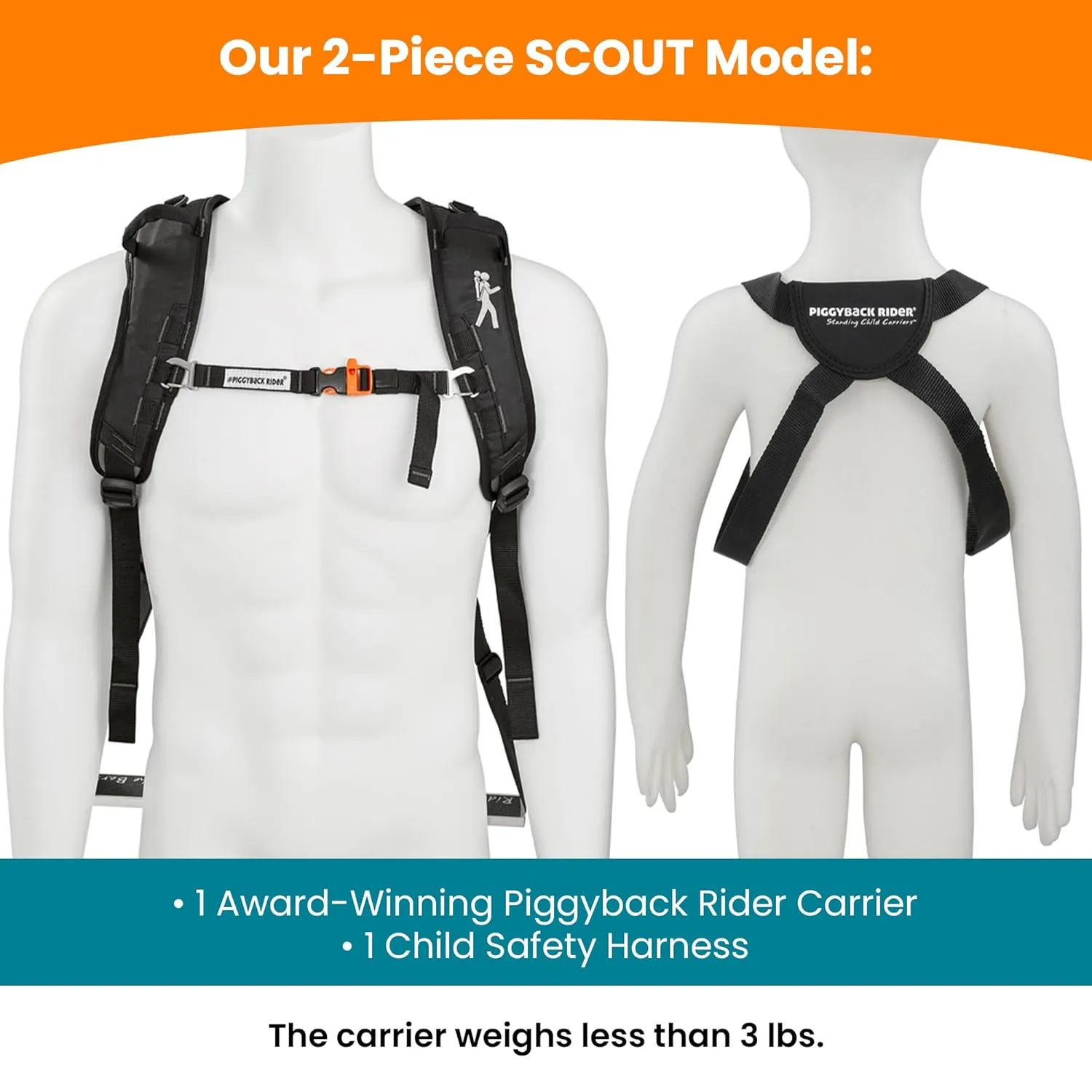 Piggyback Rider Toddler Carrier Backpack - SCOUT Standing Child Carrier Backpack for Events & Travel - Complete Parent & Child Set with Secure Safety Harness for Ages 2-4, Toddler Carrier Up to 50lbs