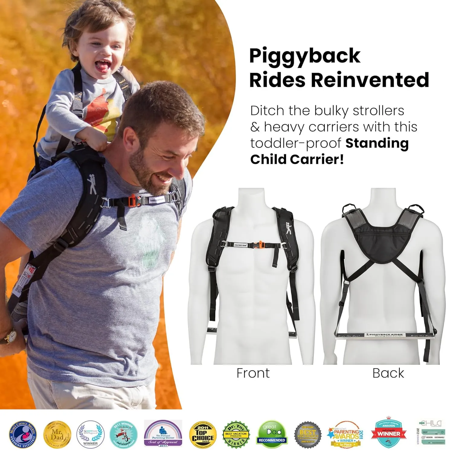 Piggyback Rider Toddler Carrier Backpack - SCOUT Standing Child Carrier Backpack for Events & Travel - Complete Parent & Child Set with Secure Safety Harness for Ages 2-4, Toddler Carrier Up to 50lbs