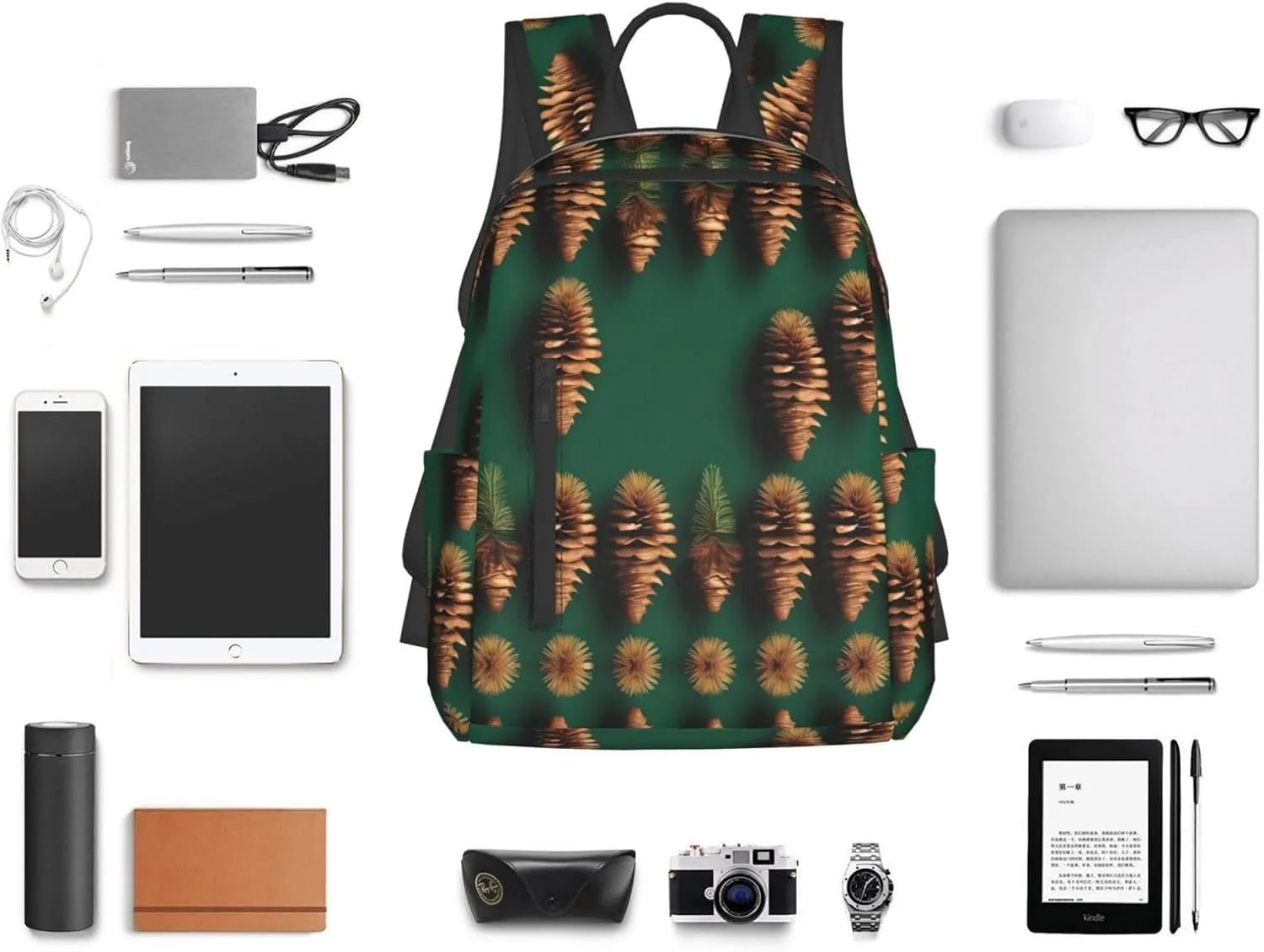 Pine Cone Border print Lightweight Laptop Backpack Travel Daypack Bookbag for Women Men for Travel Work