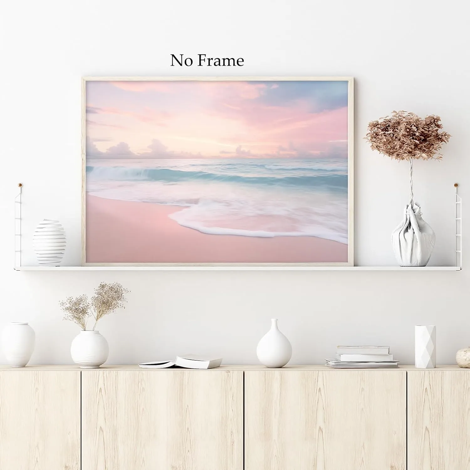 Pink Beach Canvas Wall Art Ocean Waves Picture Modern Seascape Art Paintings Pink Coastal Poster Sea Landscape Wall Art Pink Ocean Prints Sunrise Beach Painting Pink Blue Wall Art 16x24in Unframed