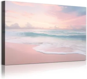 Pink Beach Canvas Wall Art Ocean Waves Picture Modern Seascape Art Paintings Pink Coastal Poster Sea Landscape Wall Art Pink Ocean Prints Sunrise Beach Painting Pink Blue Wall Art 16x24in Unframed