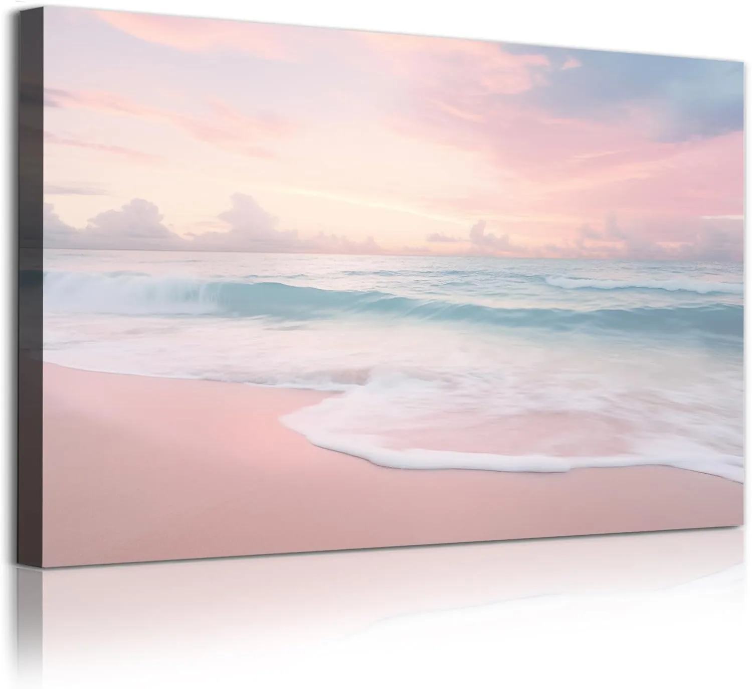 Pink Beach Canvas Wall Art Ocean Waves Picture Modern Seascape Art Paintings Pink Coastal Poster Sea Landscape Wall Art Pink Ocean Prints Sunrise Beach Painting Pink Blue Wall Art 16x24in Unframed
