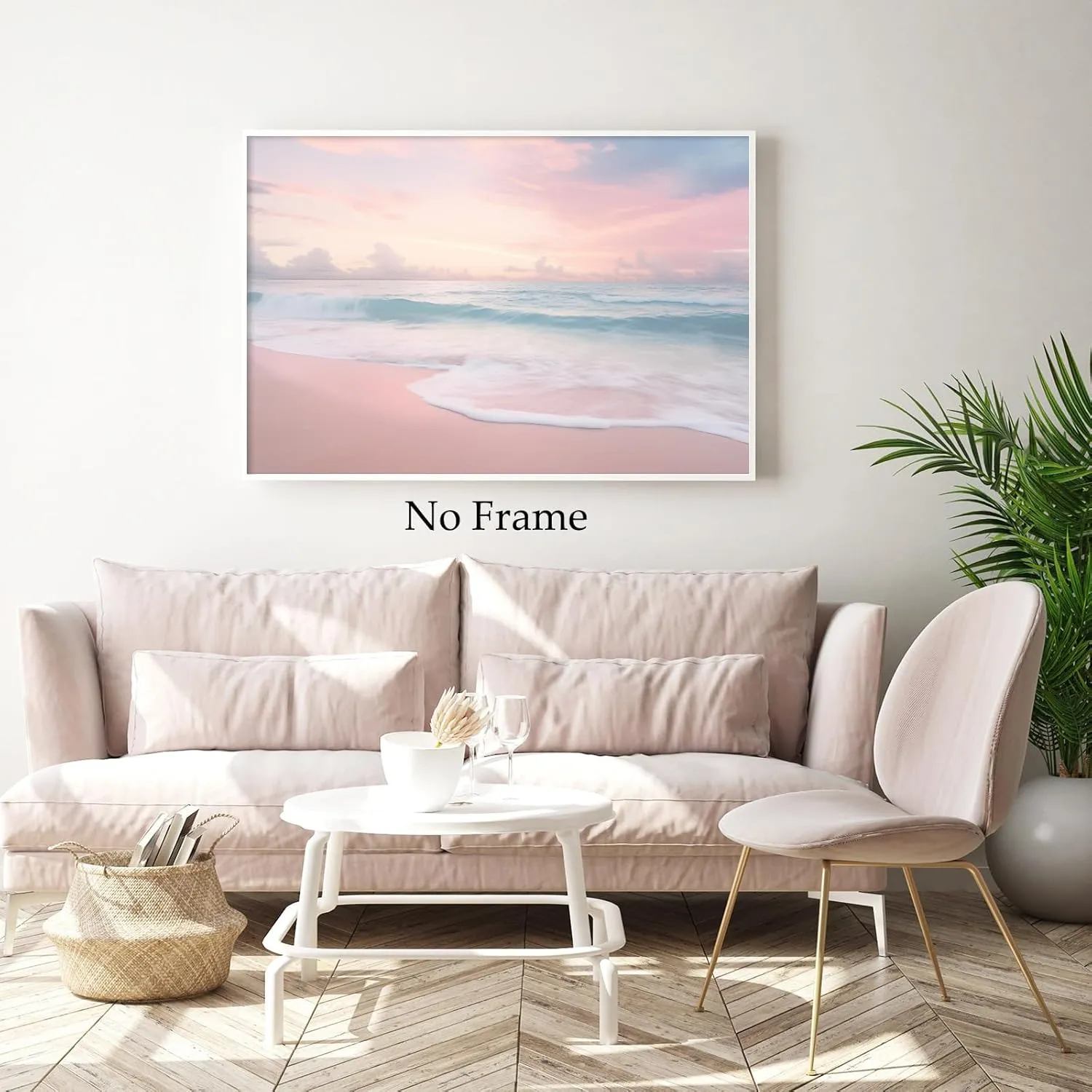 Pink Beach Canvas Wall Art Ocean Waves Picture Modern Seascape Art Paintings Pink Coastal Poster Sea Landscape Wall Art Pink Ocean Prints Sunrise Beach Painting Pink Blue Wall Art 16x24in Unframed