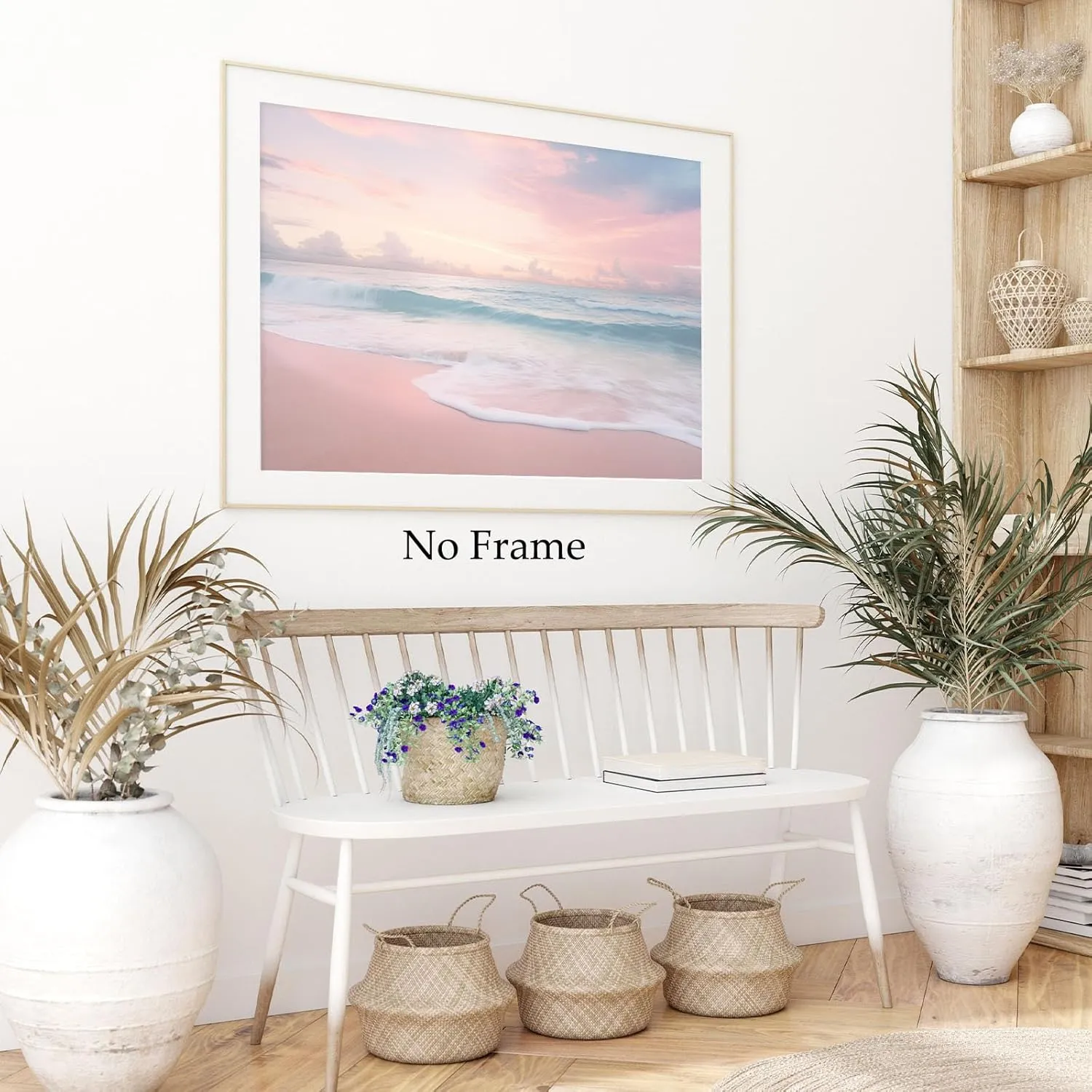 Pink Beach Canvas Wall Art Ocean Waves Picture Modern Seascape Art Paintings Pink Coastal Poster Sea Landscape Wall Art Pink Ocean Prints Sunrise Beach Painting Pink Blue Wall Art 16x24in Unframed