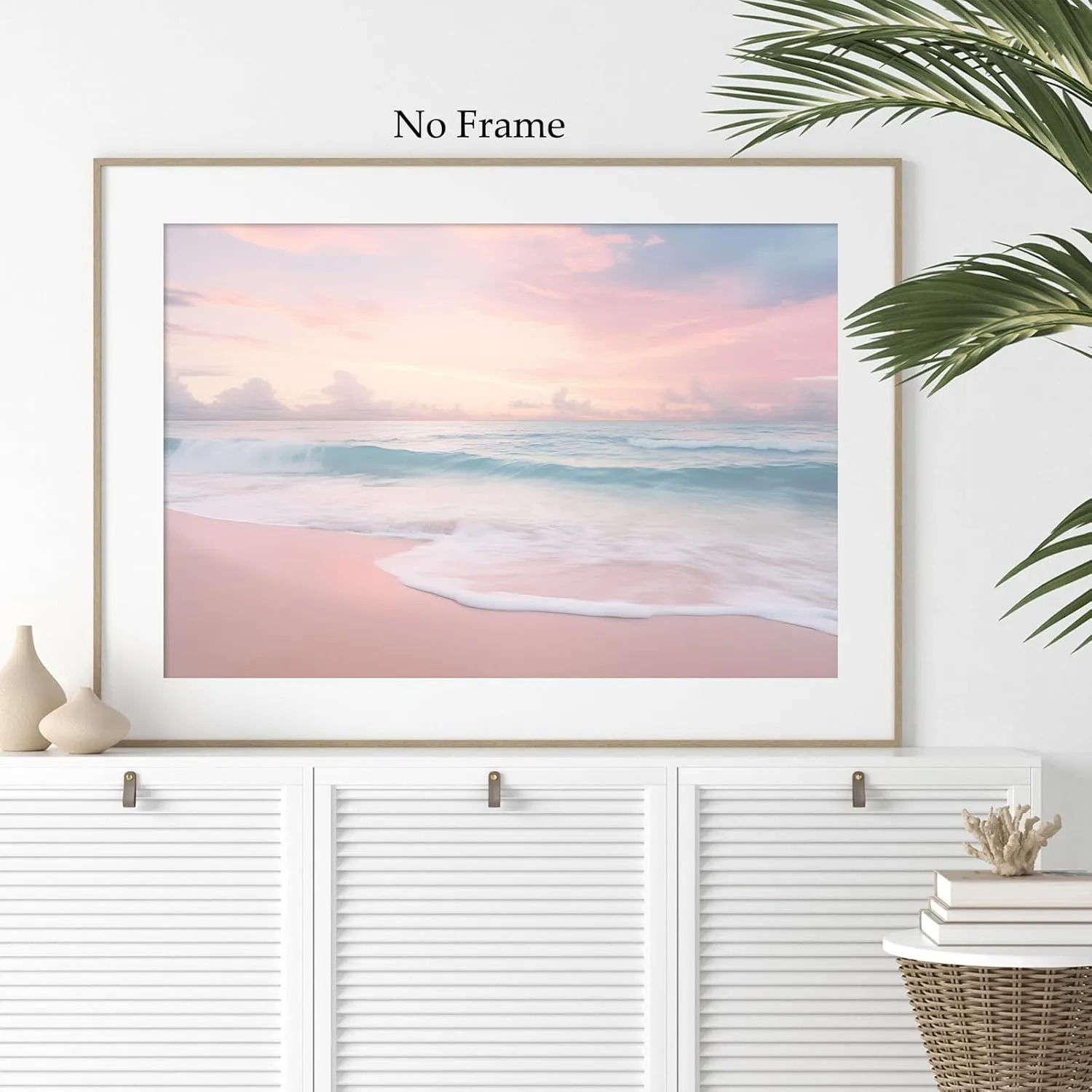 Pink Beach Canvas Wall Art Ocean Waves Picture Modern Seascape Art Paintings Pink Coastal Poster Sea Landscape Wall Art Pink Ocean Prints Sunrise Beach Painting Pink Blue Wall Art 16x24in Unframed