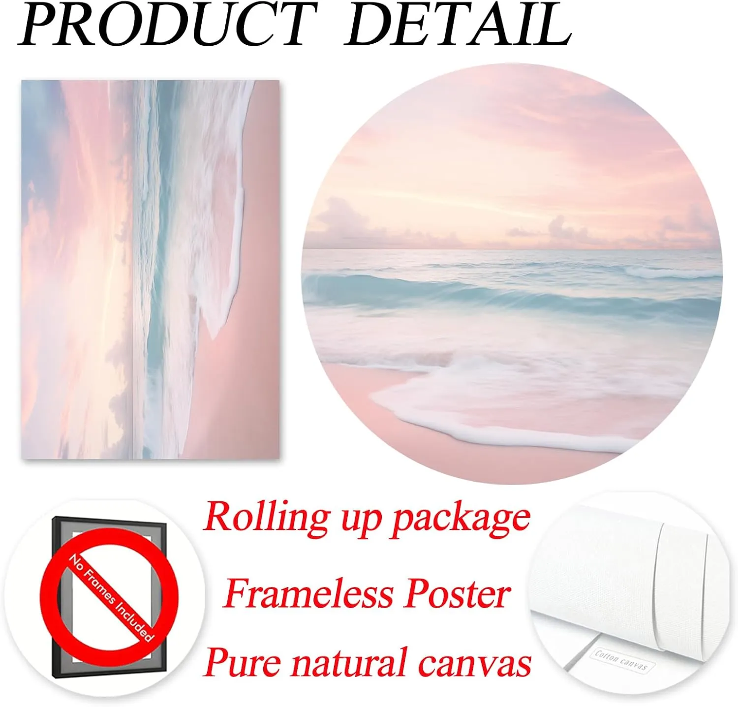 Pink Beach Canvas Wall Art Ocean Waves Picture Modern Seascape Art Paintings Pink Coastal Poster Sea Landscape Wall Art Pink Ocean Prints Sunrise Beach Painting Pink Blue Wall Art 16x24in Unframed