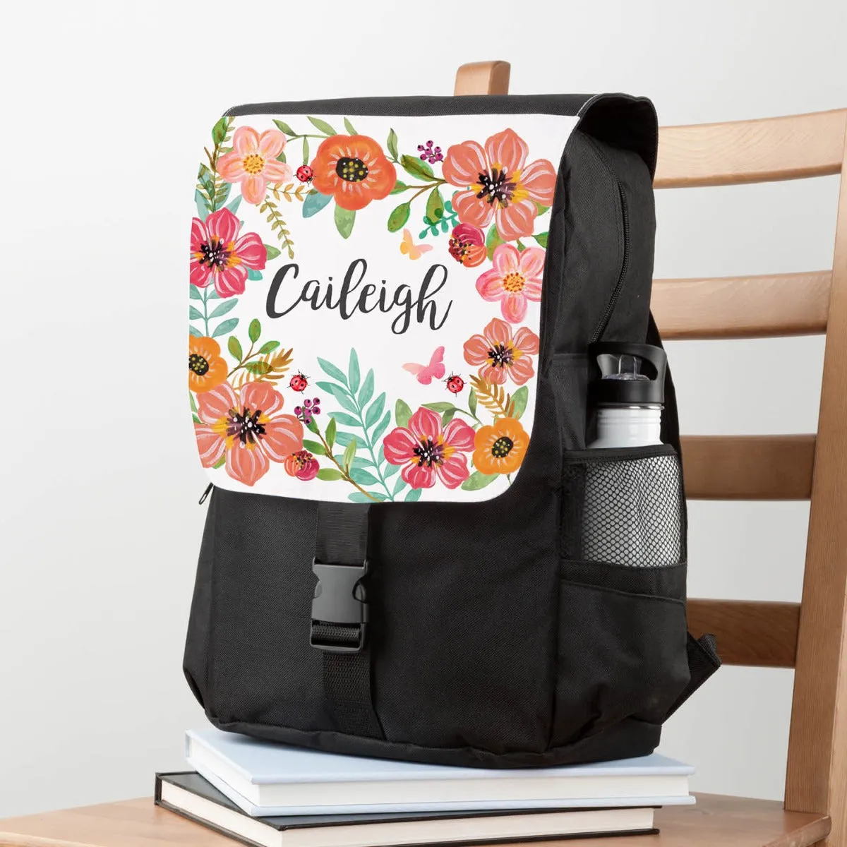 Pink Floral Personalized Flap Backpack
