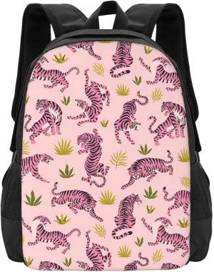 Pink Tigers And Tropical Leaves Lightweight Packable Backpack Travel Casual Large Capacity Daypack Foldable Backpack For Men Women