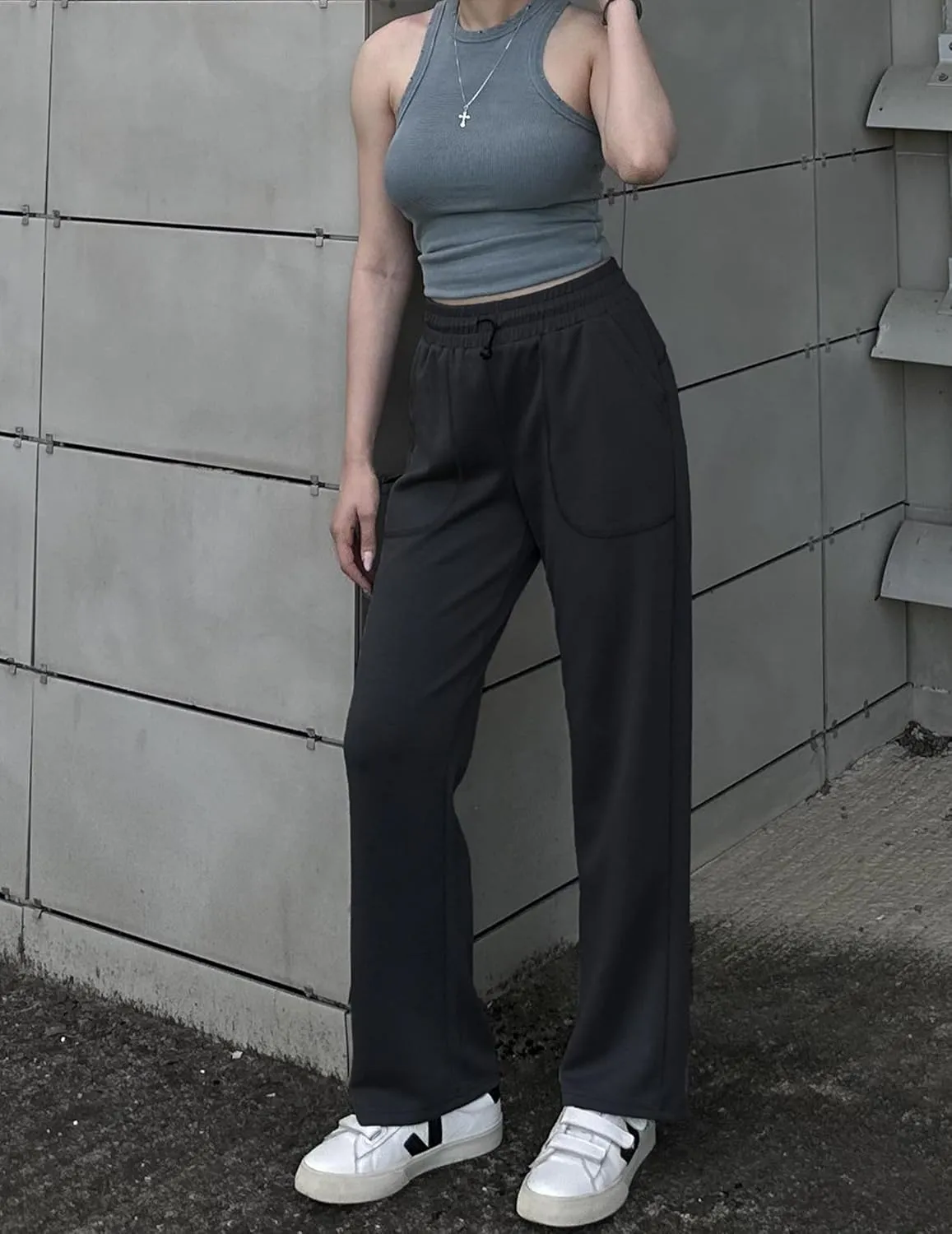 PINSPARK Womens Straight Leg Sweatpants Casual Athletic Workout Pants Stretch Soft Lounge Pants with Pockets