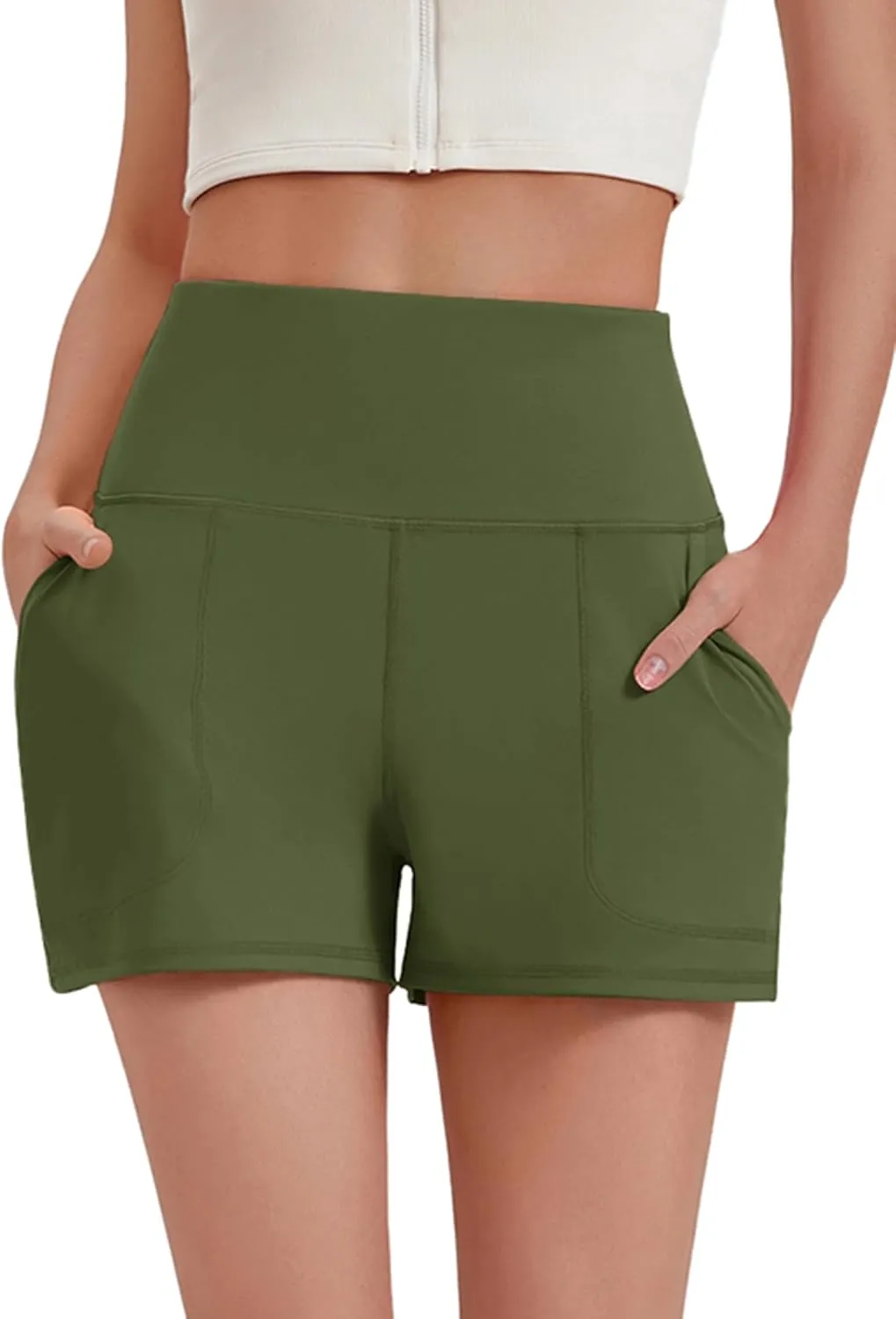 PINSPARK Workout Shorts Women Wide Leg Athletic Shorts High Waisted Yoga Shorts Tummy Control Gym Short with Pockets