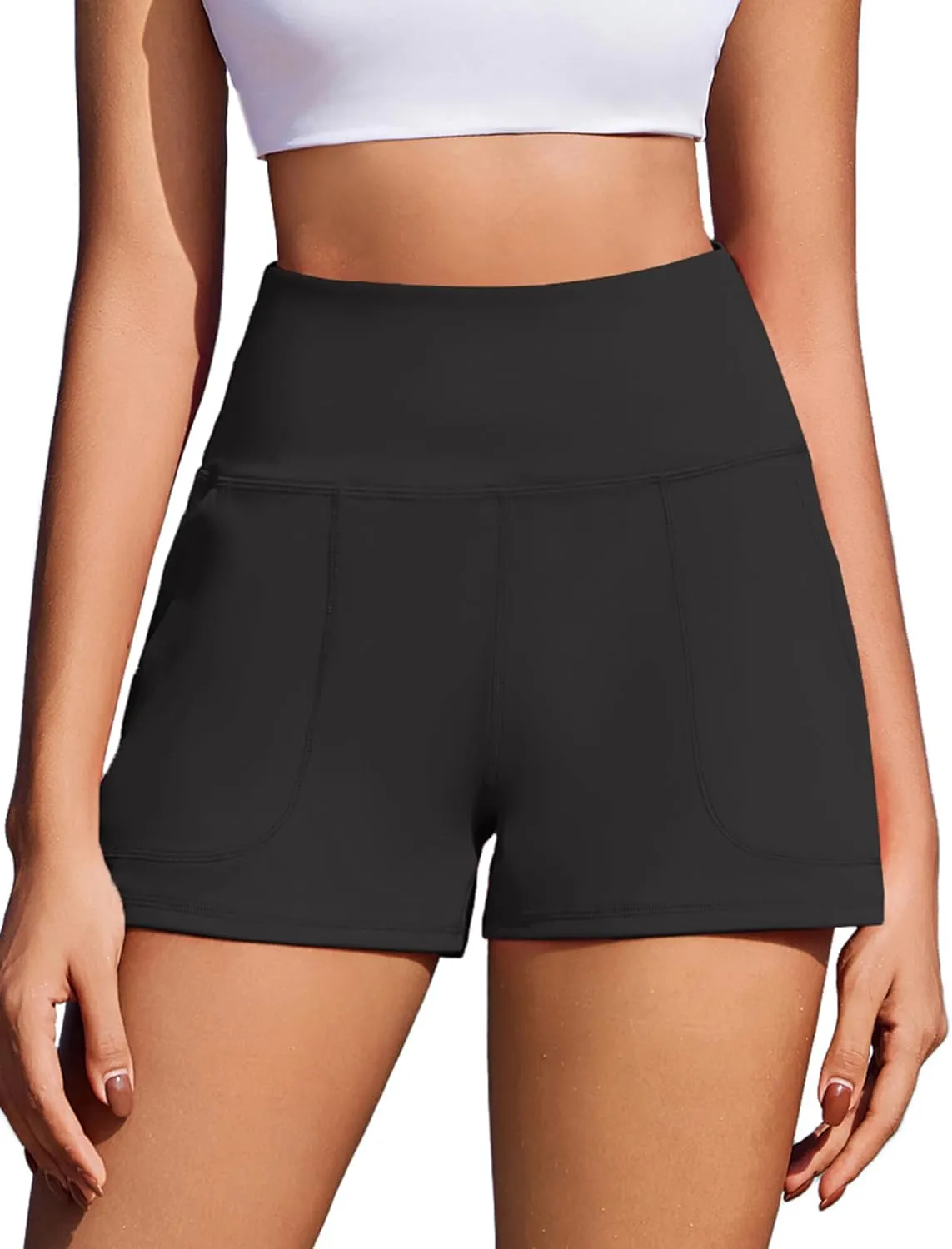 PINSPARK Workout Shorts Women Wide Leg Athletic Shorts High Waisted Yoga Shorts Tummy Control Gym Short with Pockets