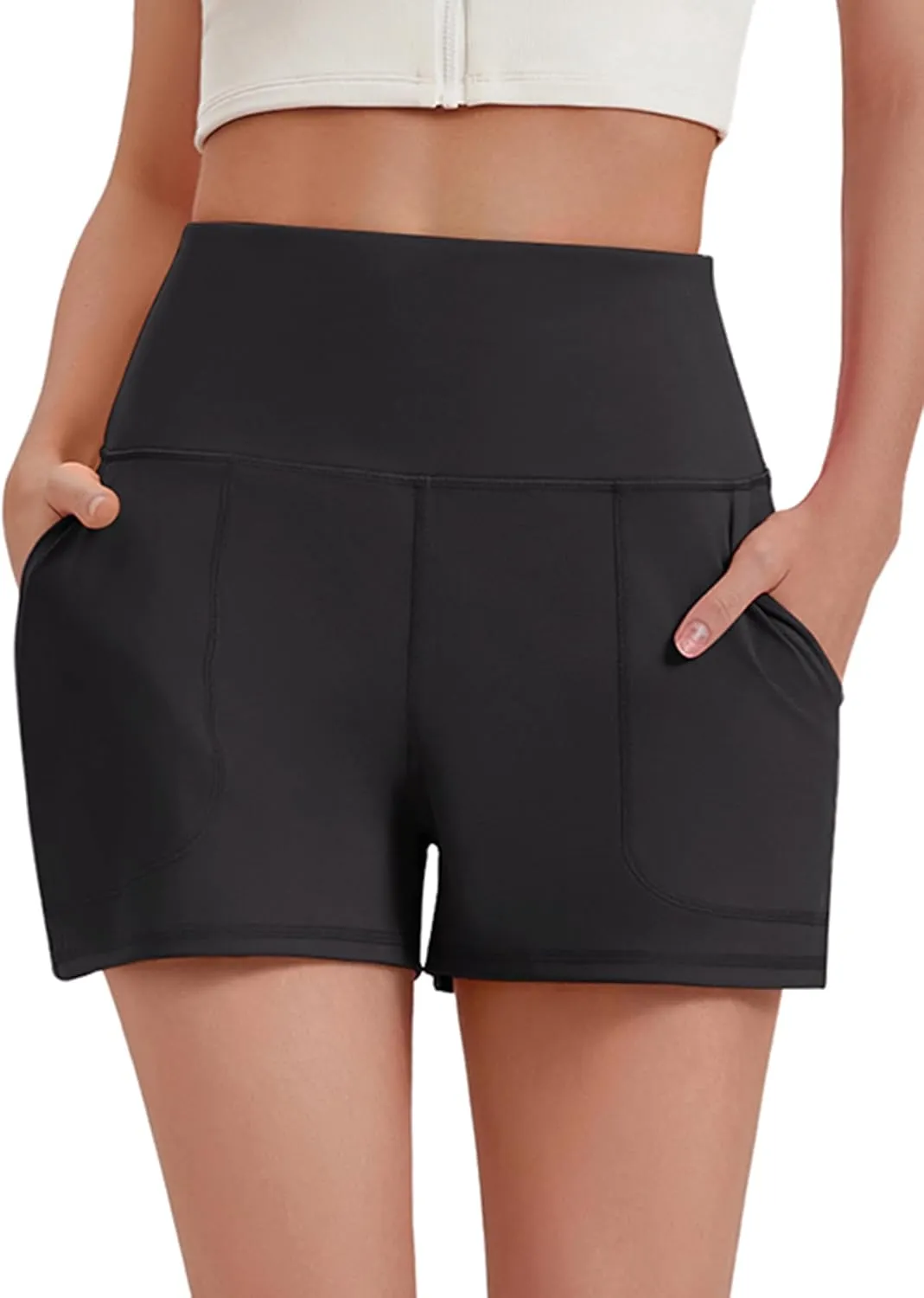 PINSPARK Workout Shorts Women Wide Leg Athletic Shorts High Waisted Yoga Shorts Tummy Control Gym Short with Pockets