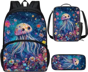 PinUp Angel Cartoon Jellyfish Print Kids Art Oil Painting Animal Pattern Backpack with Lunch Bag Pencil Bag for Elementary Primary School Bags for Children Book Bags Gifts