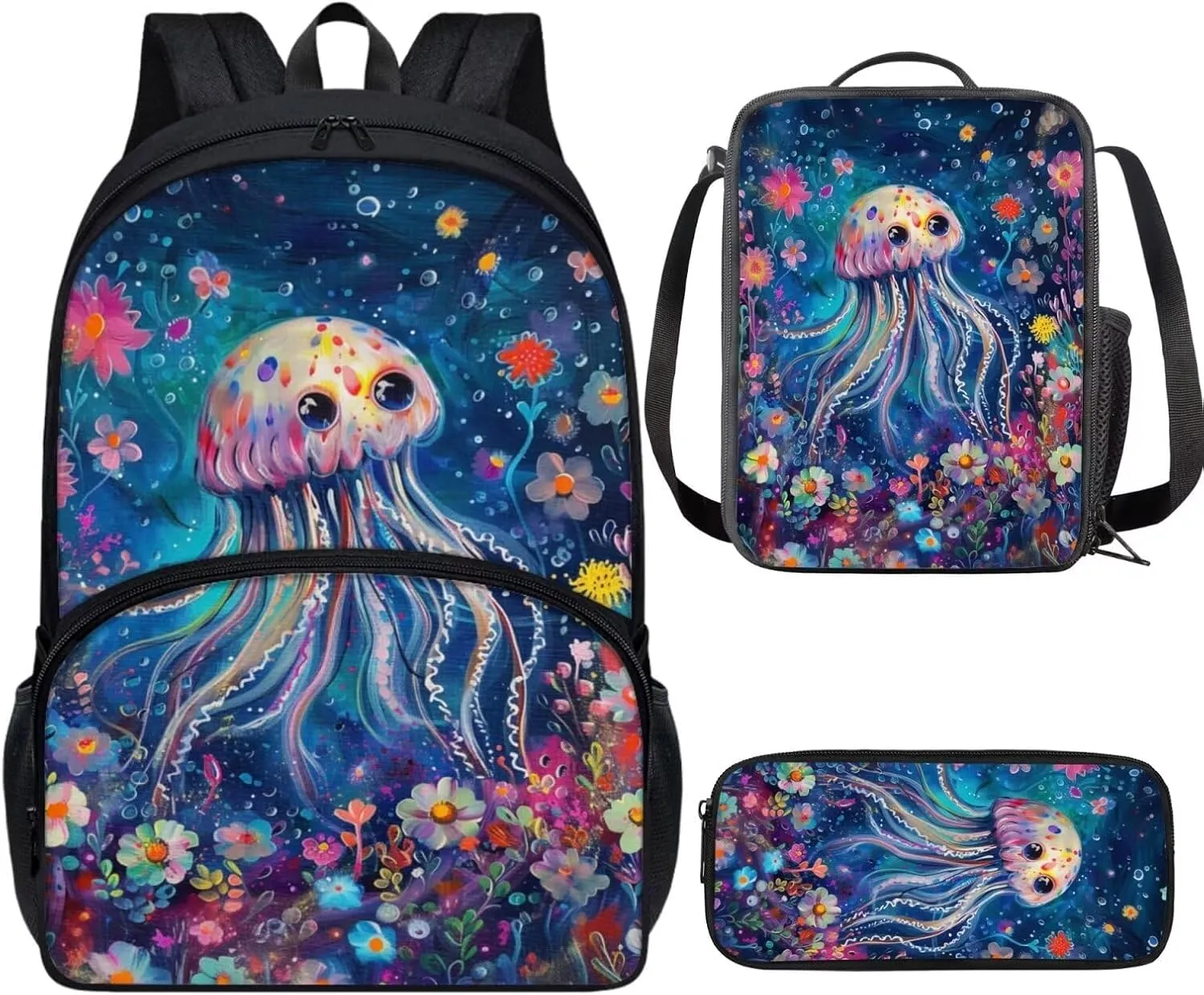 PinUp Angel Cartoon Jellyfish Print Kids Art Oil Painting Animal Pattern Backpack with Lunch Bag Pencil Bag for Elementary Primary School Bags for Children Book Bags Gifts