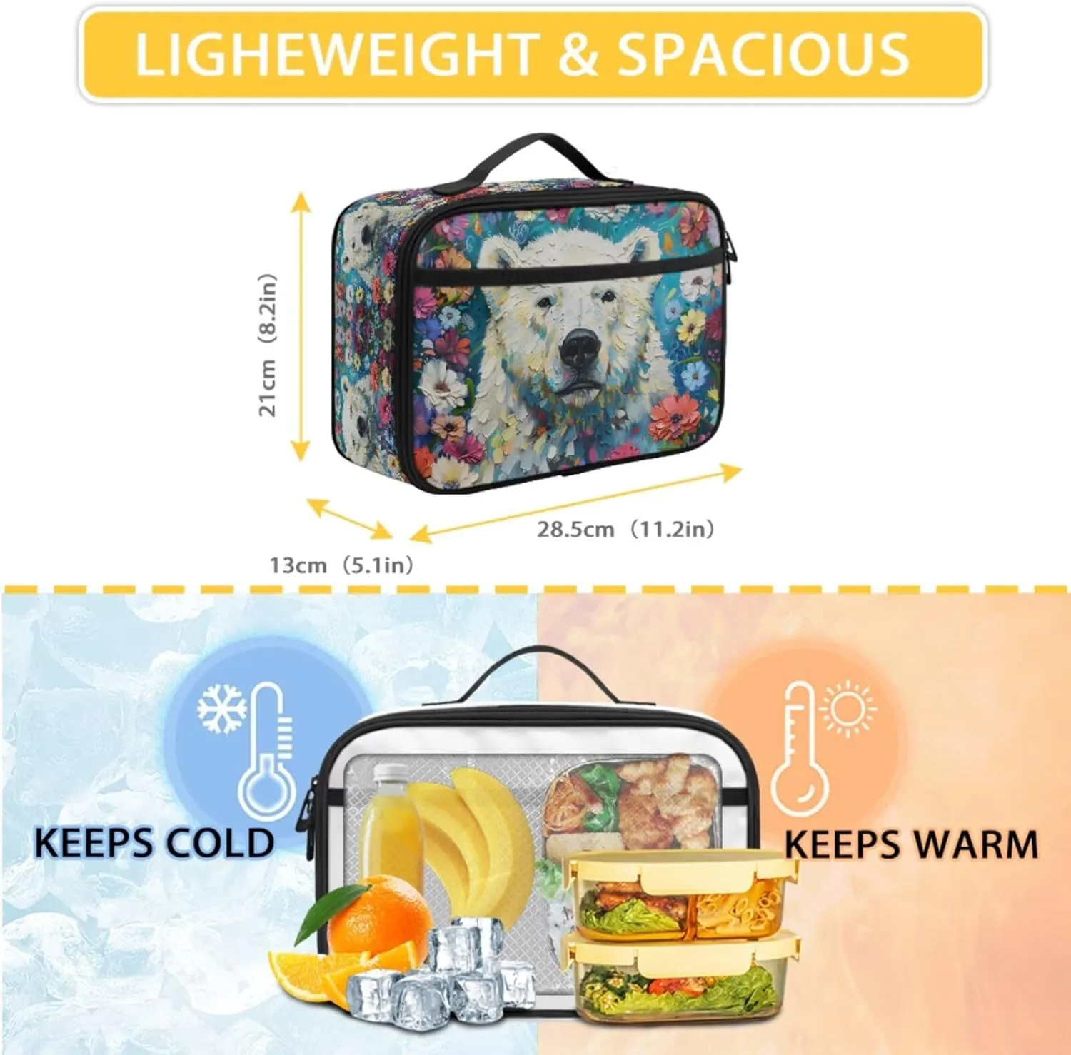 PinUp Angel Cool Polar Bear Print Backpack for Kids Primary Middle School Bookbag Cute Oil Painting Animal Graphic School Bag With Lunch Bag