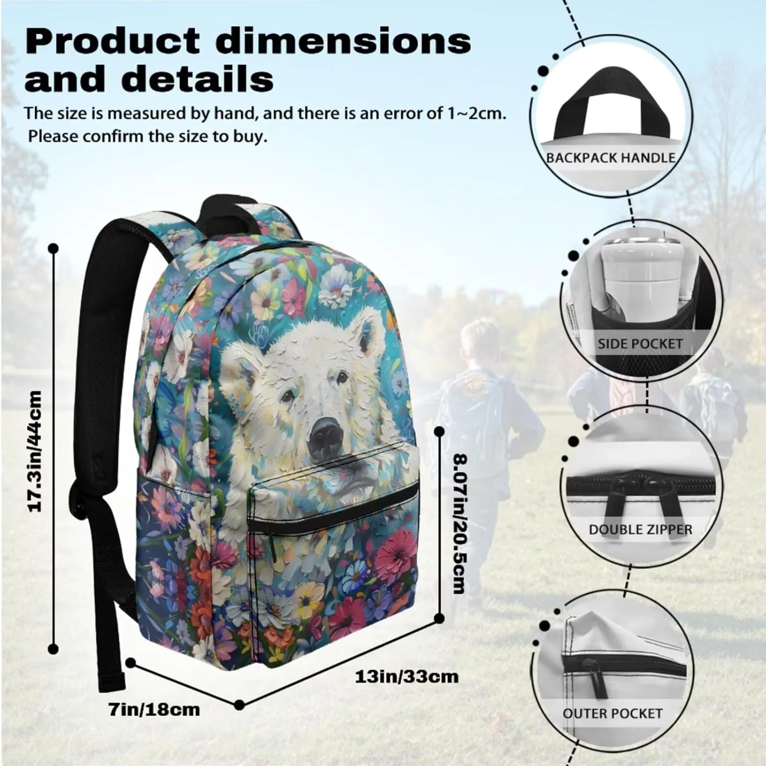PinUp Angel Cool Polar Bear Print Backpack for Kids Primary Middle School Bookbag Cute Oil Painting Animal Graphic School Bag With Lunch Bag