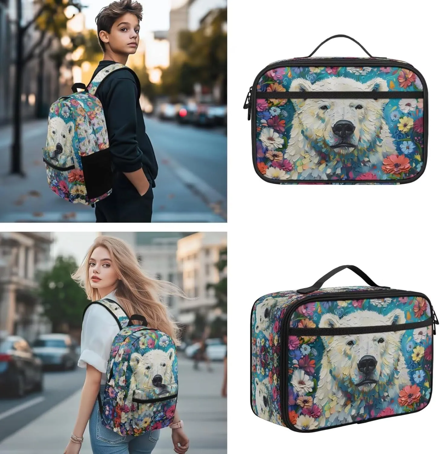 PinUp Angel Cool Polar Bear Print Backpack for Kids Primary Middle School Bookbag Cute Oil Painting Animal Graphic School Bag With Lunch Bag