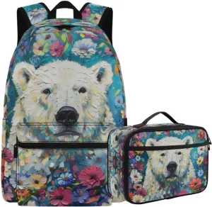 PinUp Angel Cool Polar Bear Print Backpack for Kids Primary Middle School Bookbag Cute Oil Painting Animal Graphic School Bag With Lunch Bag