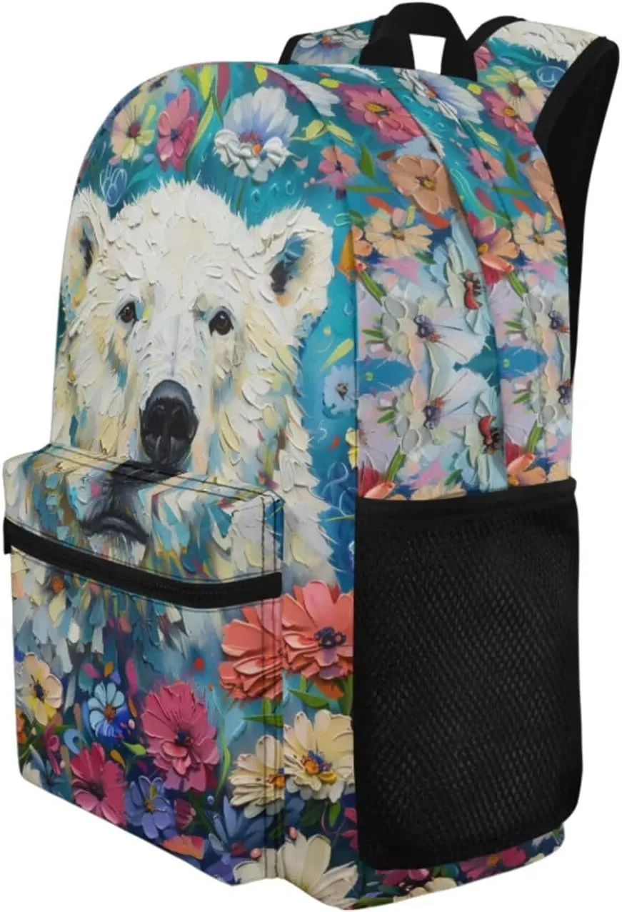 PinUp Angel Cool Polar Bear Print Backpack for Kids Primary Middle School Bookbag Cute Oil Painting Animal Graphic School Bag With Lunch Bag