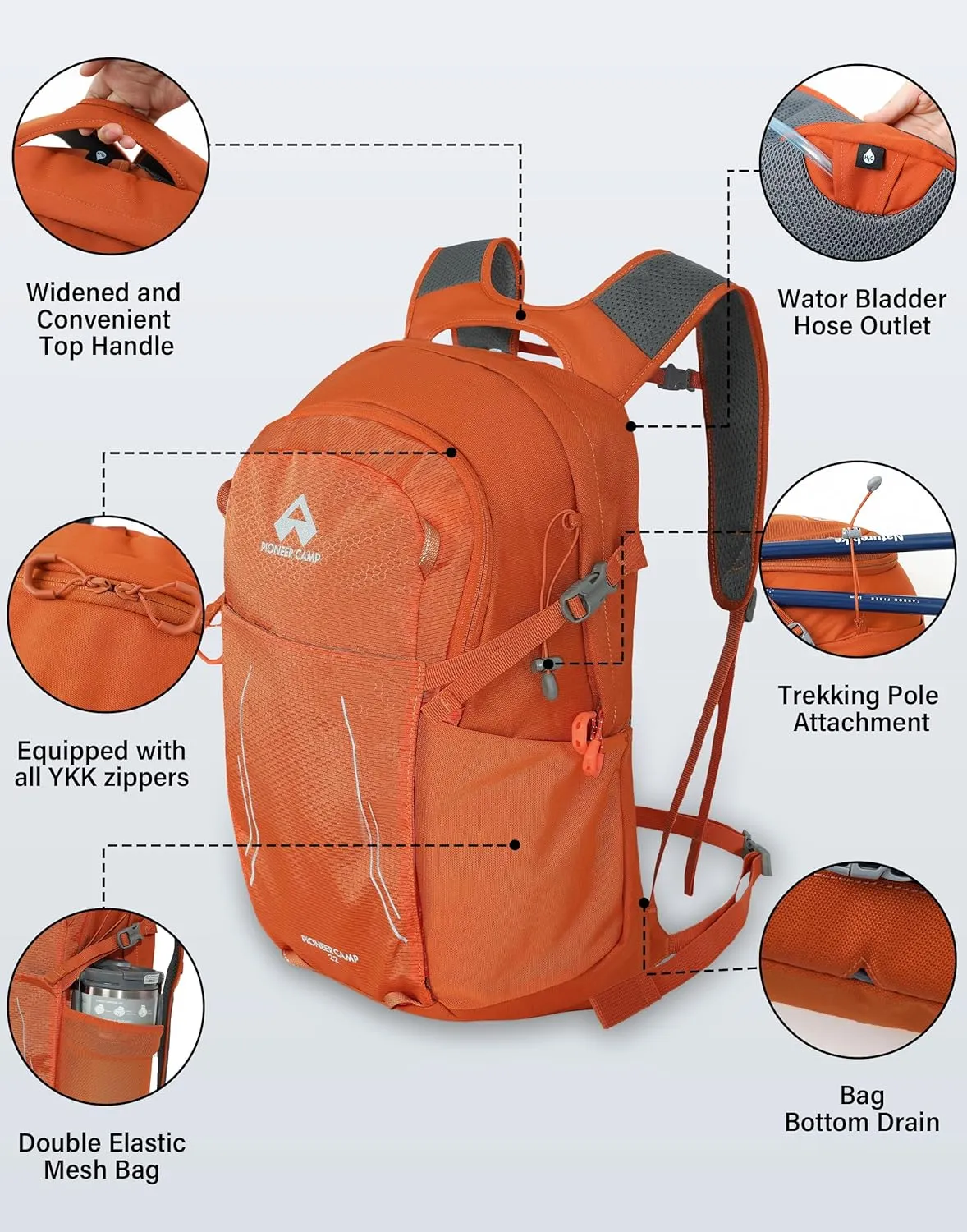 Pioneer Camp Hiking Backpack 22L Small Hiking Hydration Gear Lightweight Camping Backpack Travel Daypack for Women Men Outdoor Bag for Biking Climbing (Orange;22L)