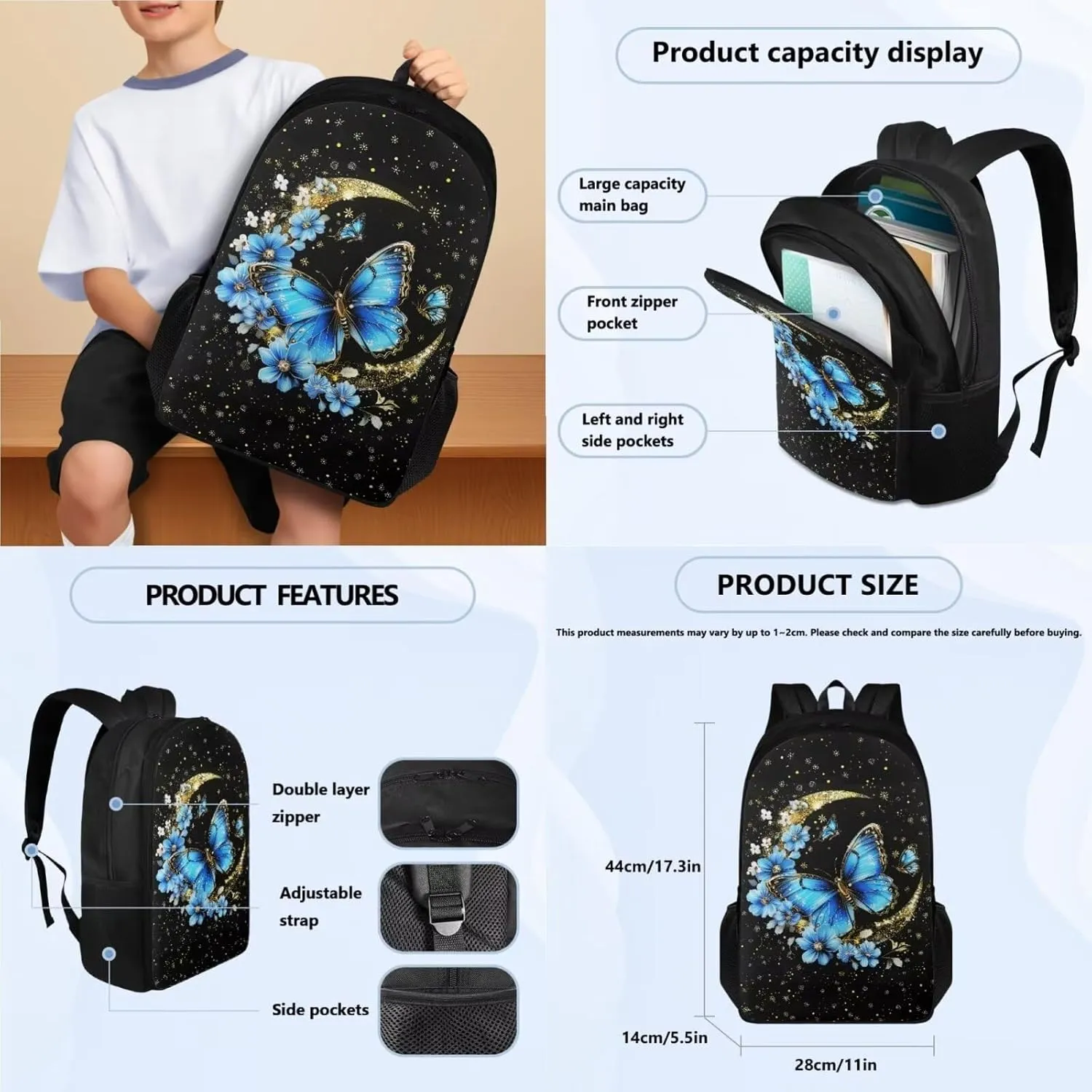 Poceacles Backpack and Lunch Box Set for Girls Kids School Bag with Lunch Bag Pencil Case Bookbag Set of 3 Cool Preschool Backpack for Elementary Student Toddler Book Bag, Butterfly Moon Floral