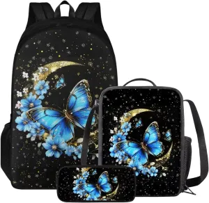 Poceacles Backpack and Lunch Box Set for Girls Kids School Bag with Lunch Bag Pencil Case Bookbag Set of 3 Cool Preschool Backpack for Elementary Student Toddler Book Bag, Butterfly Moon Floral