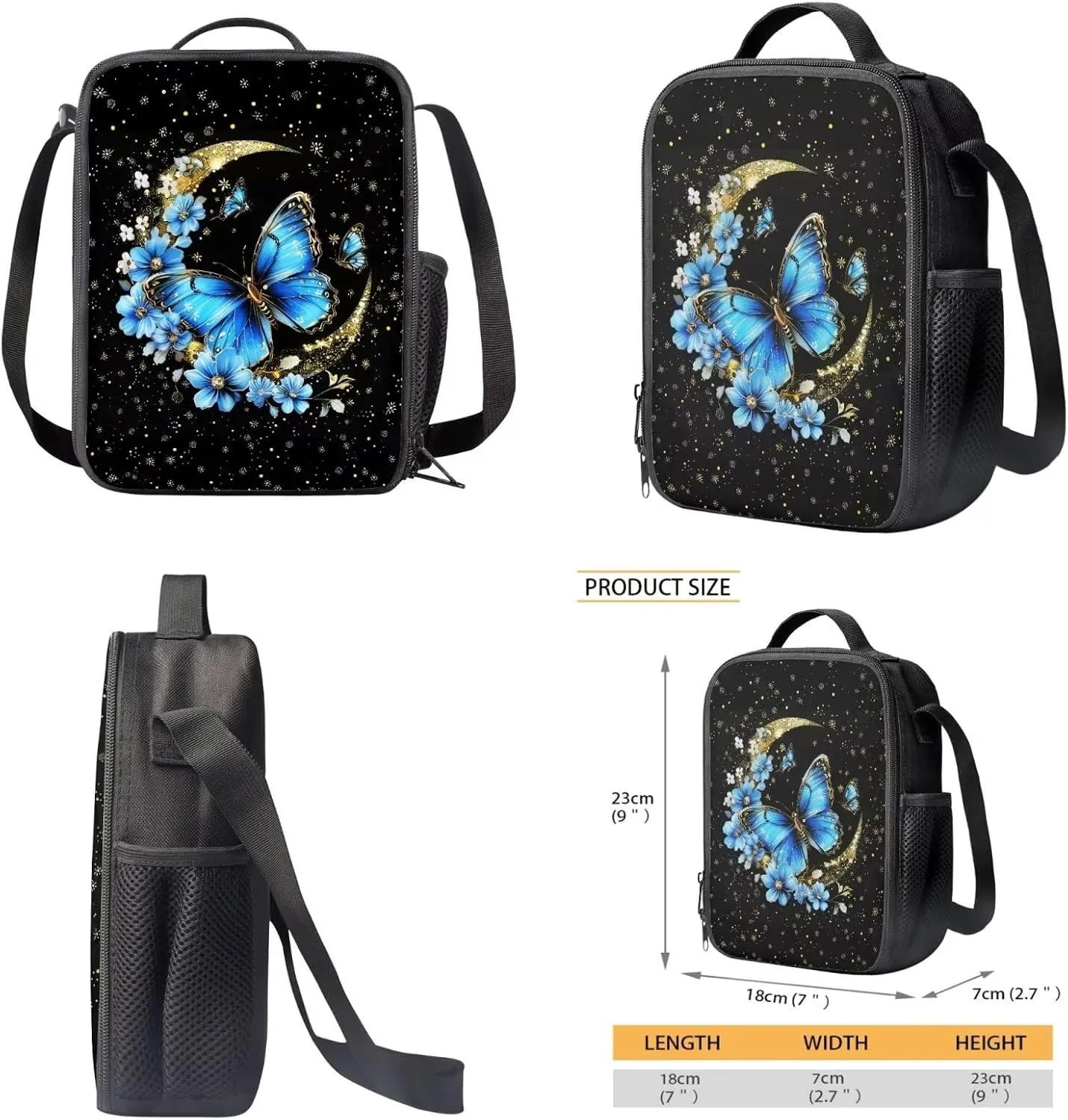 Poceacles Backpack and Lunch Box Set for Girls Kids School Bag with Lunch Bag Pencil Case Bookbag Set of 3 Cool Preschool Backpack for Elementary Student Toddler Book Bag, Butterfly Moon Floral