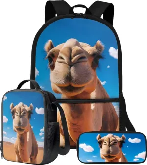 Poceacles Camel Print Animal Backpack School Backpack for Boys Backpack For Children Teens Elementary Middle School，3pcs Boys Backpack with Lunch Box and Pencil Case, 17″ Bookbag Ages 6-18