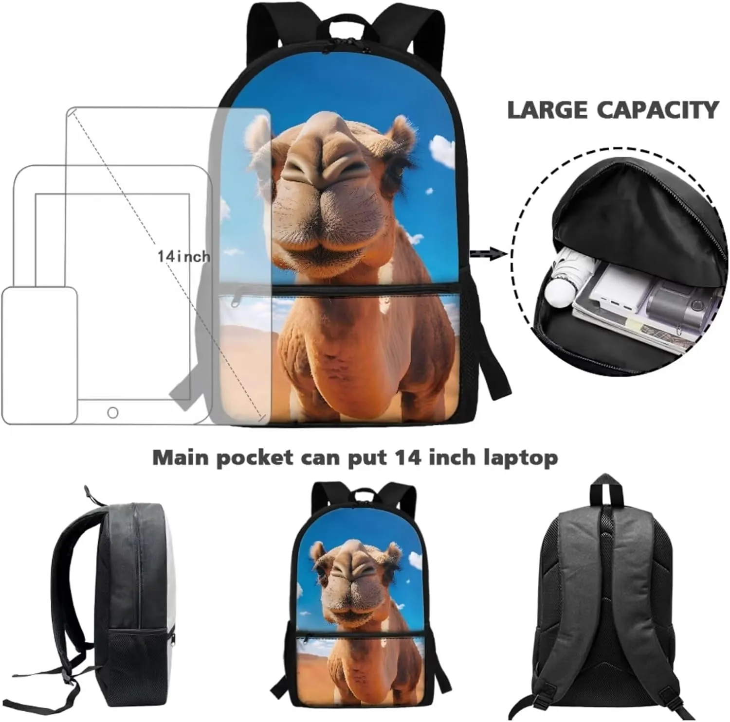 Poceacles Camel Print Animal Backpack School Backpack for Boys Backpack For Children Teens Elementary Middle School，3pcs Boys Backpack with Lunch Box and Pencil Case, 17″ Bookbag Ages 6-18