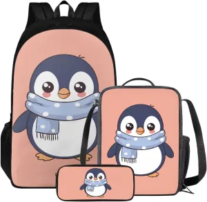 Poceacles Toddler Backpack Lunchbox Set of 3 Cute Girls Backpack with Lunch Box Pencil Case Preschool Elementary School Kids Bookbag 17 inch Teens Children School Bag, Cartoon Penguin
